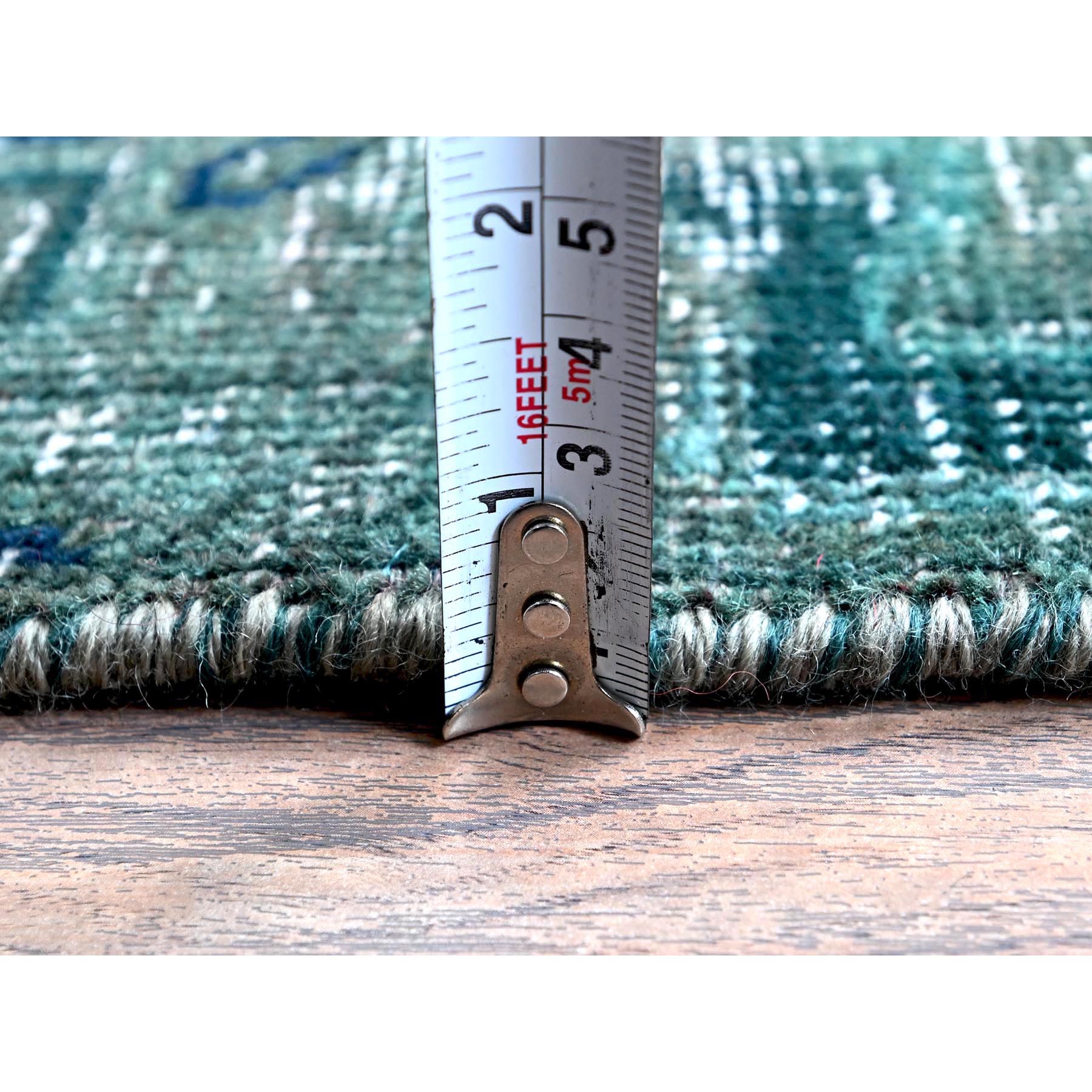 2'6"x9'8" Overdyed Green, Vintage Persian Tabriz, Hand Knotted, 100% Wool, Distressed, Zero Pile, Cropped Thin, Even Wear, Sides and Ends Professionally Secured, Runner, Oriental Rug Sh645