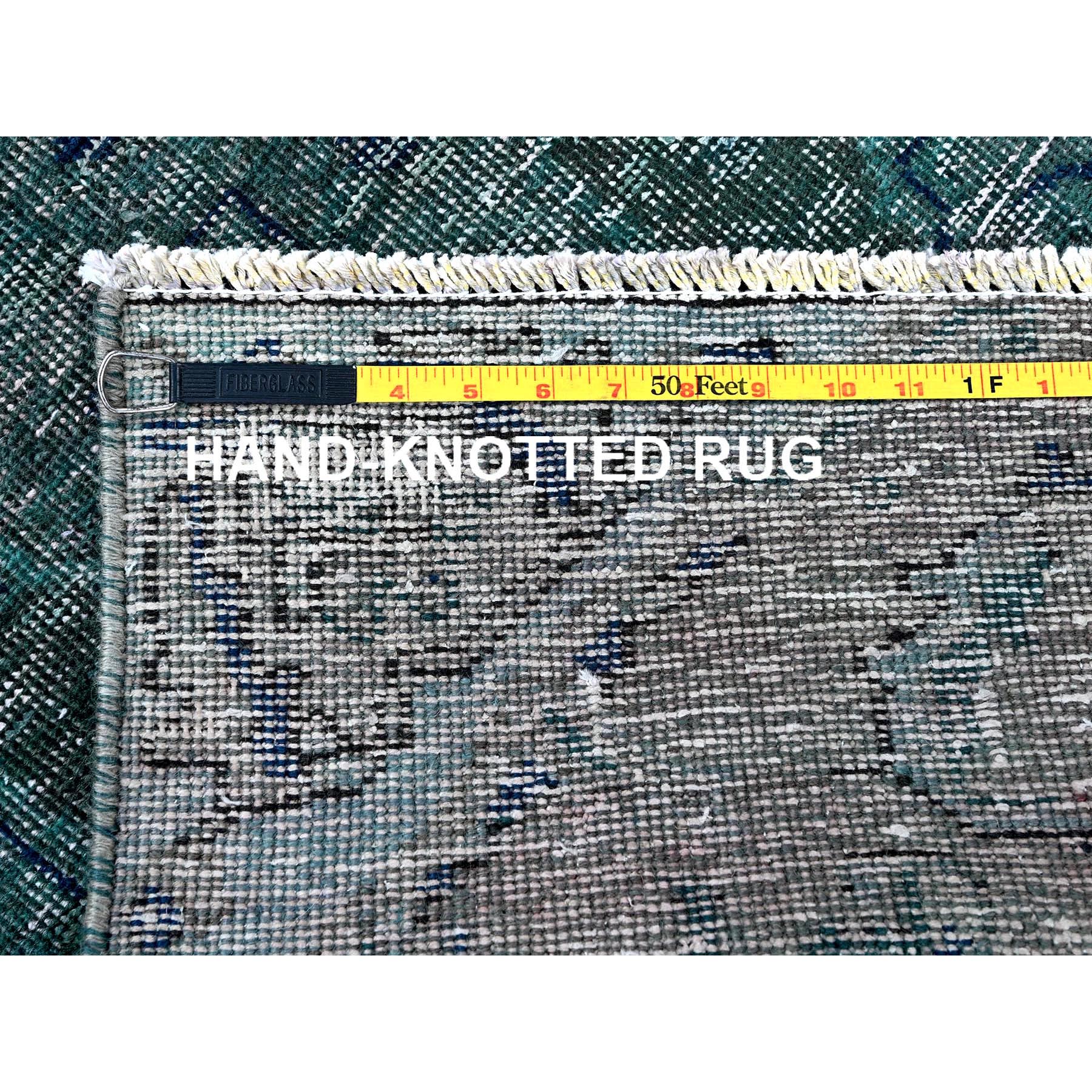 2'6"x9'8" Overdyed Green, Vintage Persian Tabriz, Hand Knotted, 100% Wool, Distressed, Zero Pile, Cropped Thin, Even Wear, Sides and Ends Professionally Secured, Runner, Oriental Rug Sh645