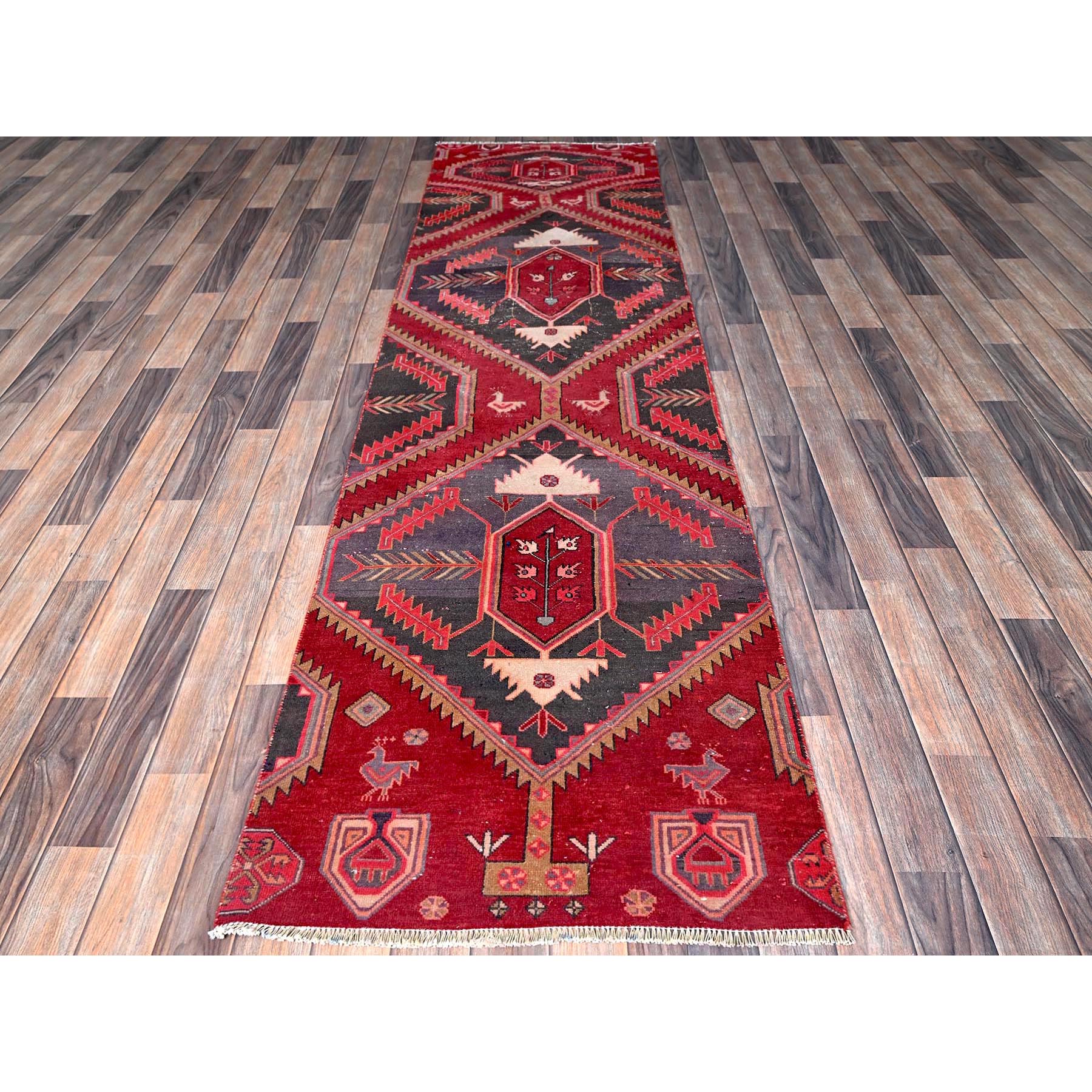 2'7"x9'5" Crimson Red, Vintage Persian Hamadan with Serrated Geometric Design, Bird Figurines, 100% Wool, Hand Knotted, Cropped Thin, Zero Pile, Sides and Ends Professionally Secured, Good Condition, Narrow Runner, Oriental Rug Sh646