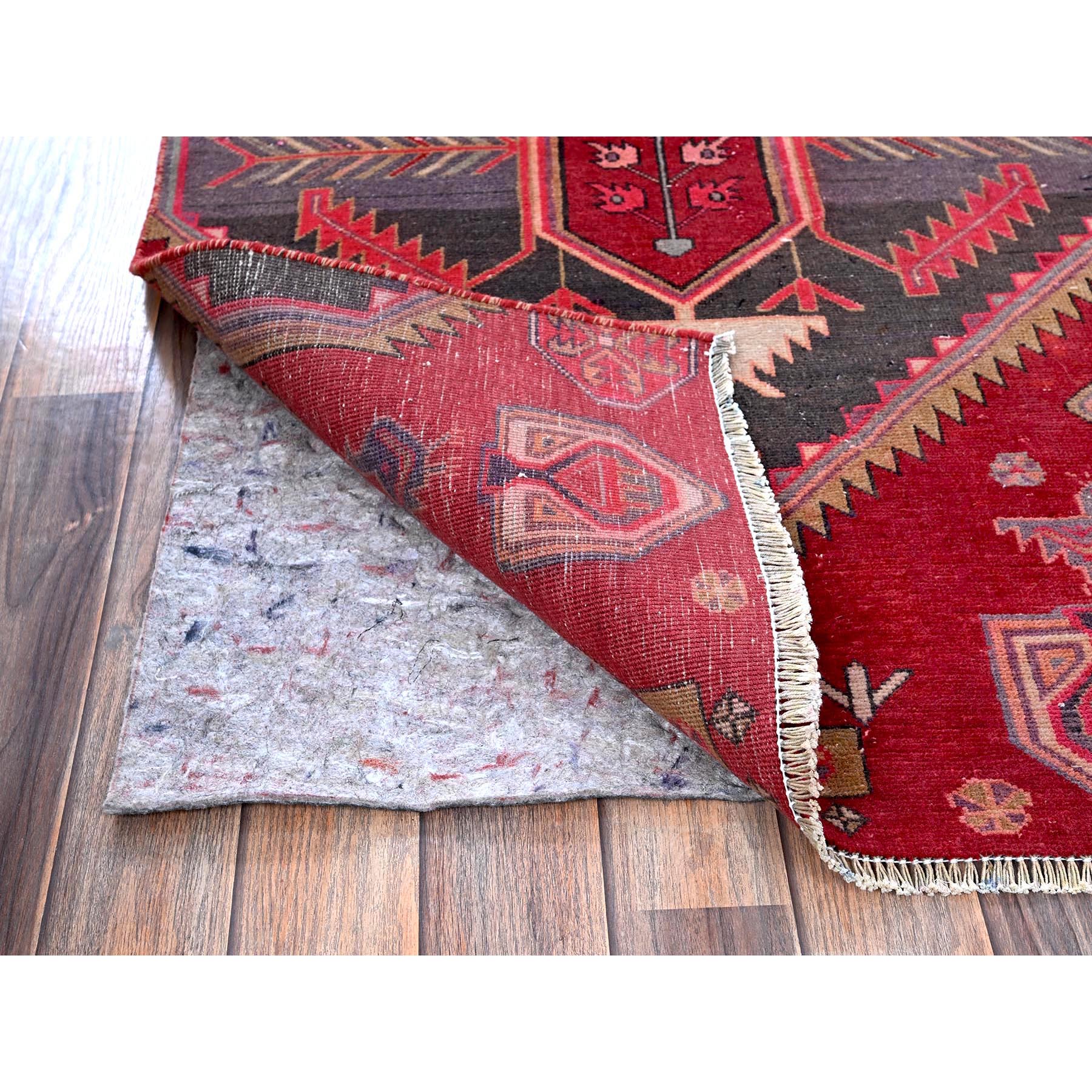 2'7"x9'5" Crimson Red, Vintage Persian Hamadan with Serrated Geometric Design, Bird Figurines, 100% Wool, Hand Knotted, Cropped Thin, Zero Pile, Sides and Ends Professionally Secured, Good Condition, Narrow Runner, Oriental Rug Sh646
