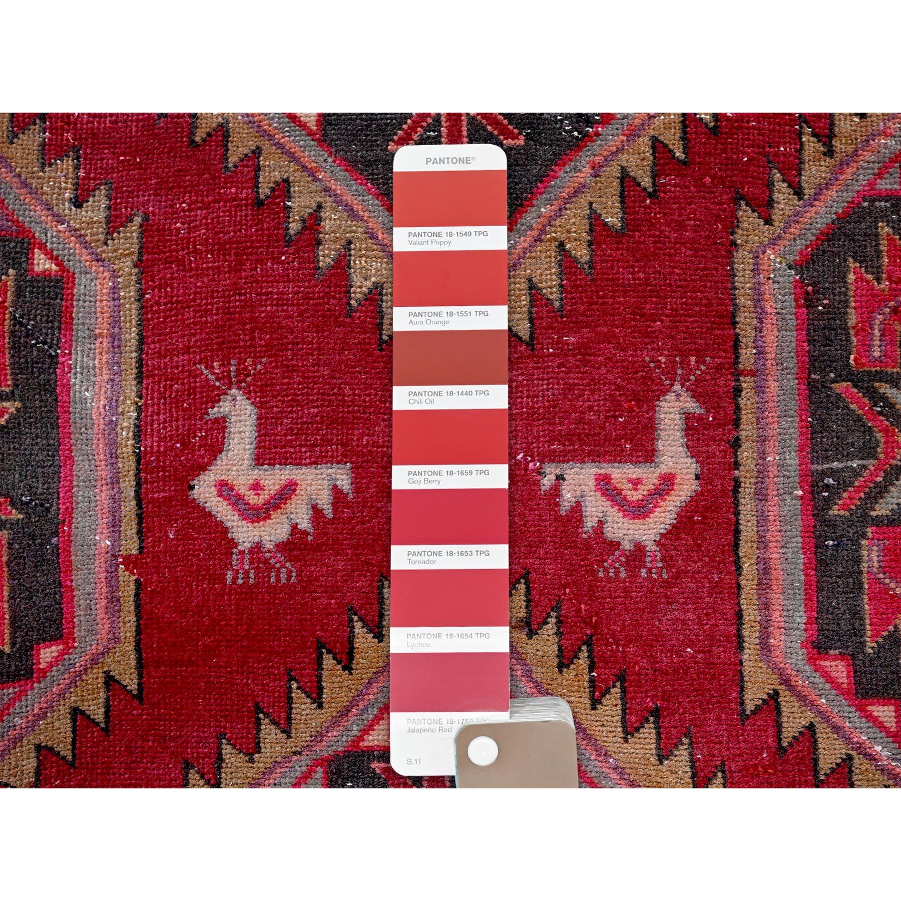 2'7"x9'5" Crimson Red, Vintage Persian Hamadan with Serrated Geometric Design, Bird Figurines, 100% Wool, Hand Knotted, Cropped Thin, Zero Pile, Sides and Ends Professionally Secured, Good Condition, Narrow Runner, Oriental Rug Sh646