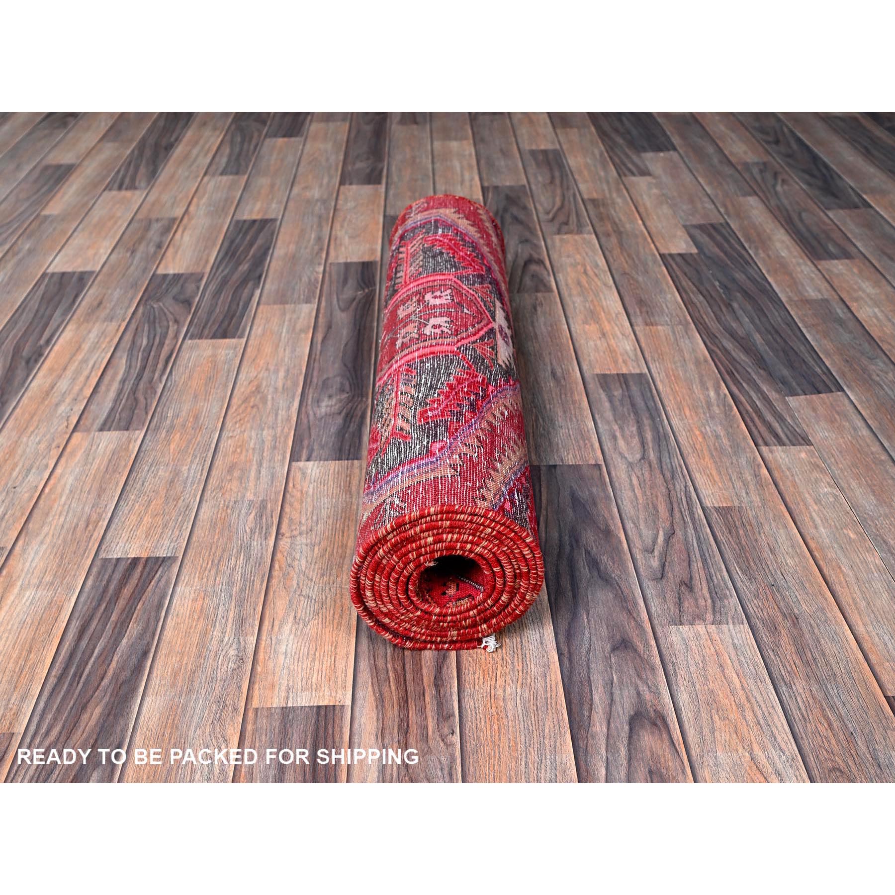 2'7"x9'5" Crimson Red, Vintage Persian Hamadan with Serrated Geometric Design, Bird Figurines, 100% Wool, Hand Knotted, Cropped Thin, Zero Pile, Sides and Ends Professionally Secured, Good Condition, Narrow Runner, Oriental Rug Sh646