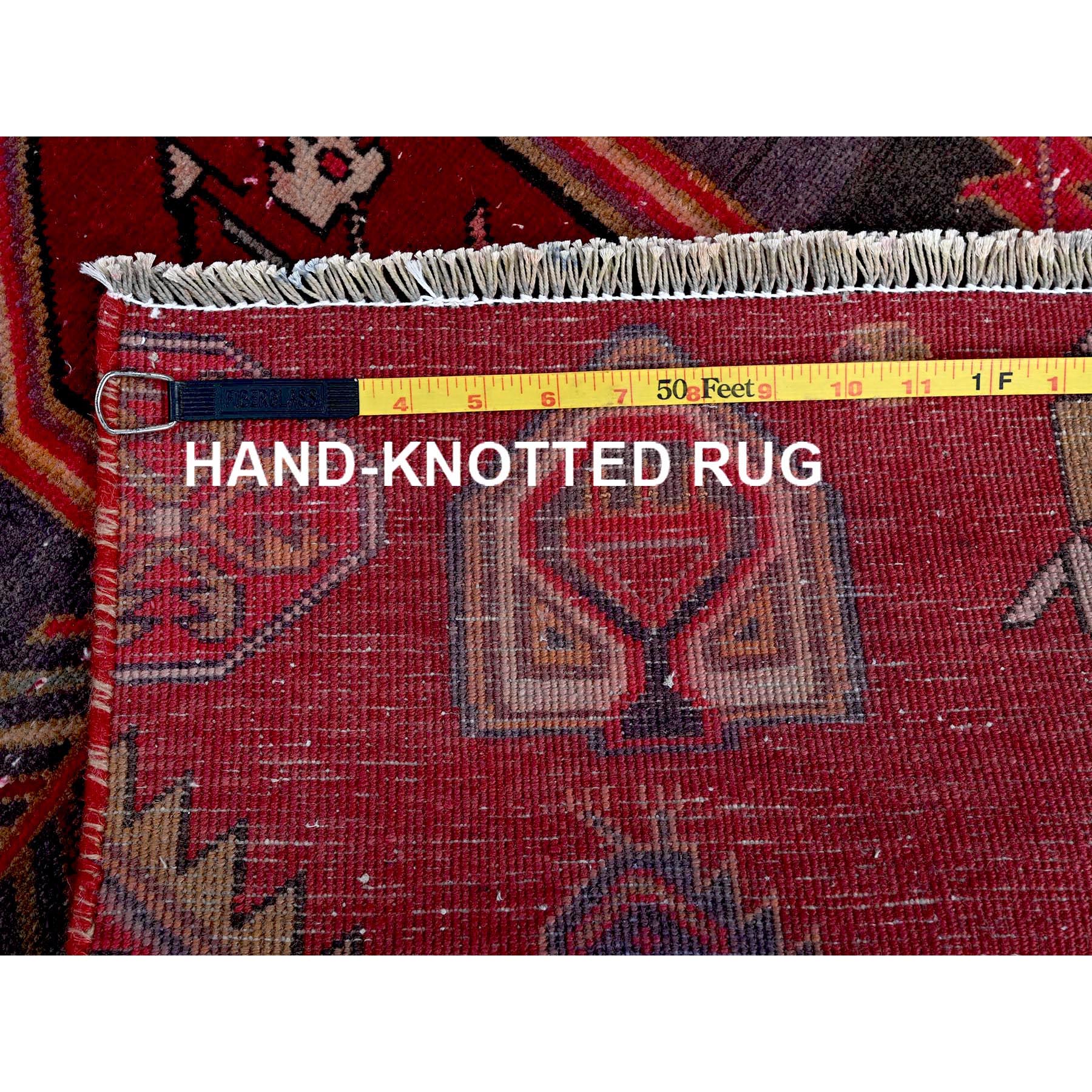 2'7"x9'5" Crimson Red, Vintage Persian Hamadan with Serrated Geometric Design, Bird Figurines, 100% Wool, Hand Knotted, Cropped Thin, Zero Pile, Sides and Ends Professionally Secured, Good Condition, Narrow Runner, Oriental Rug Sh646