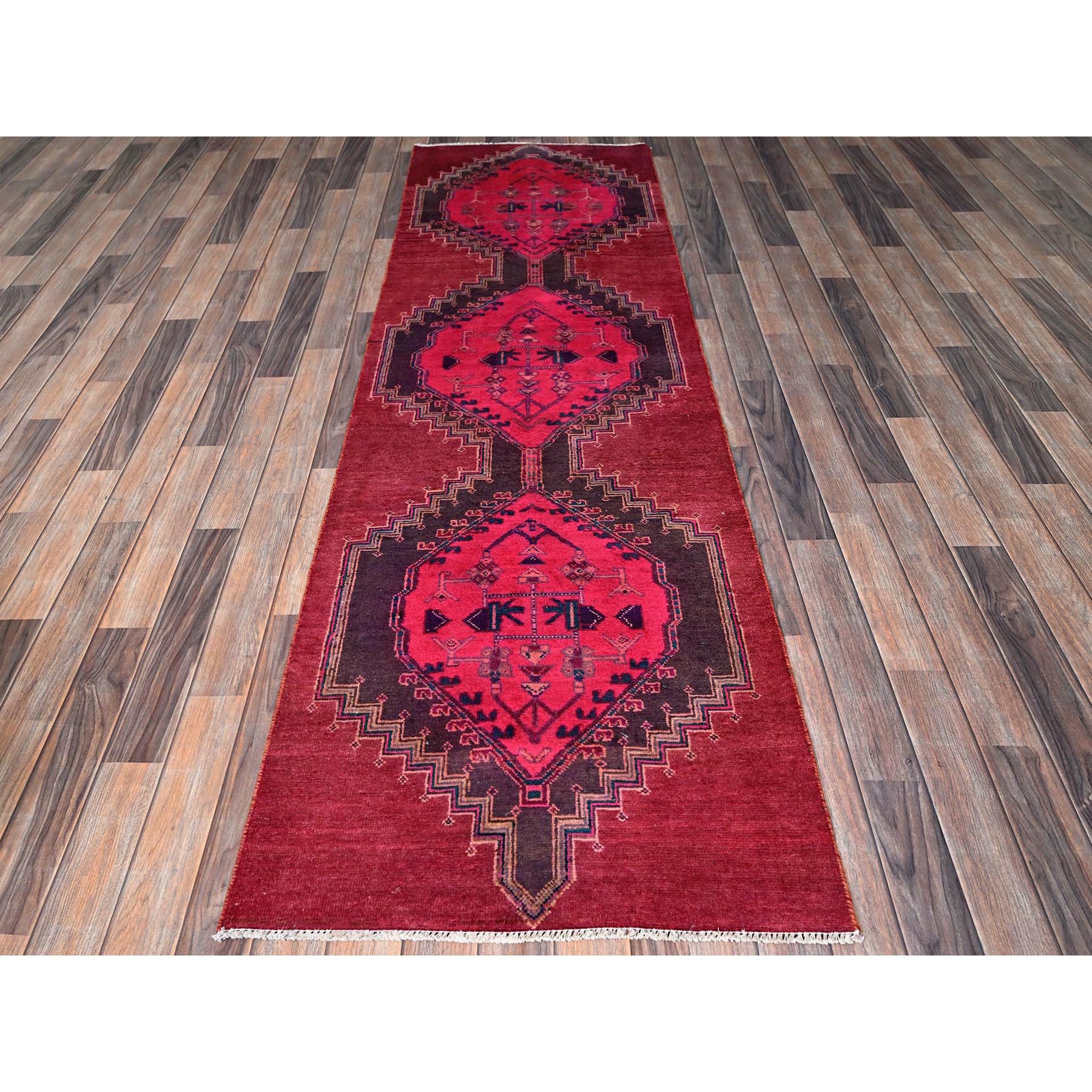2'8"x8'3" Hot Pink, Overdyed Vintage Persian Hamadan with Geometric Medallions Design, 100% Wool, Hand Knotted, Shaved Down, Sides and Ends Professionally Secured, Clean, Runner, Oriental Rug Sh647