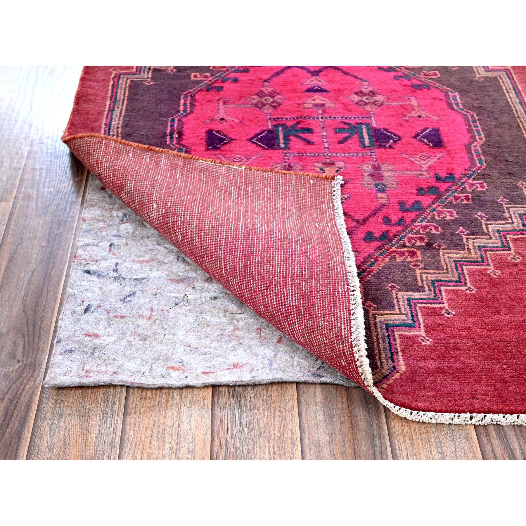 2'8"x8'3" Hot Pink, Overdyed Vintage Persian Hamadan with Geometric Medallions Design, 100% Wool, Hand Knotted, Shaved Down, Sides and Ends Professionally Secured, Clean, Runner, Oriental Rug Sh647