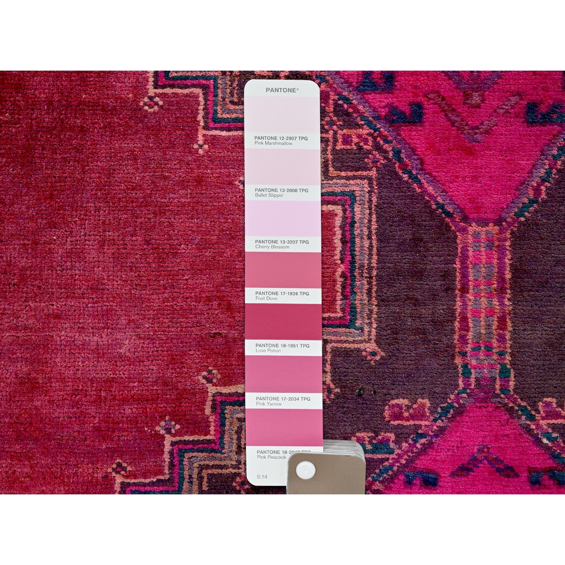 2'8"x8'3" Hot Pink, Overdyed Vintage Persian Hamadan with Geometric Medallions Design, 100% Wool, Hand Knotted, Shaved Down, Sides and Ends Professionally Secured, Clean, Runner, Oriental Rug Sh647