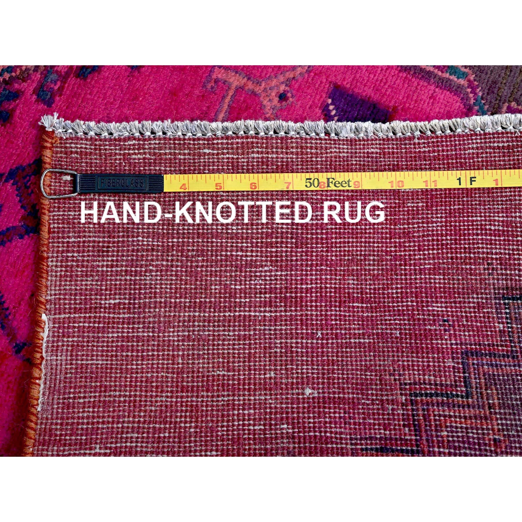 2'8"x8'3" Hot Pink, Overdyed Vintage Persian Hamadan with Geometric Medallions Design, 100% Wool, Hand Knotted, Shaved Down, Sides and Ends Professionally Secured, Clean, Runner, Oriental Rug Sh647