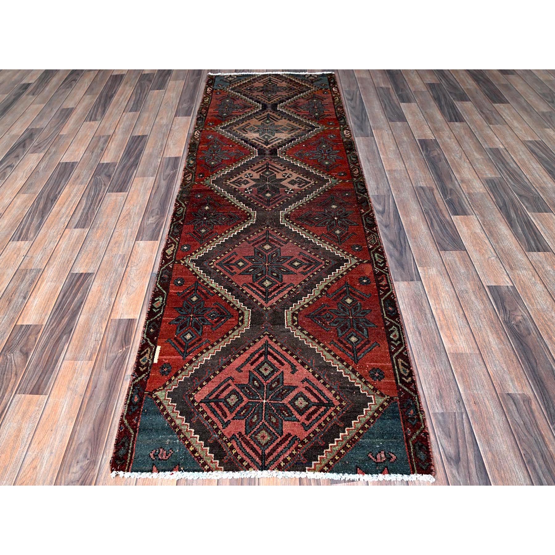 2'7"x7'7" Scarlet Red, Vintage Persian Bakhtiar with Geometric Pattern, Cropped Thin, Zero Pile, Even Wear, Sides and Ends Professionally Secured, 100% Wool, Hand Knotted, Good Condition, Runner, Oriental Rug Sh648