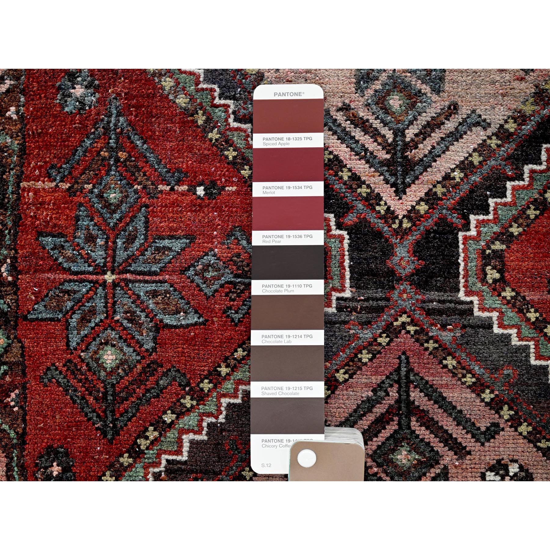 2'7"x7'7" Scarlet Red, Vintage Persian Bakhtiar with Geometric Pattern, Cropped Thin, Zero Pile, Even Wear, Sides and Ends Professionally Secured, 100% Wool, Hand Knotted, Good Condition, Runner, Oriental Rug Sh648