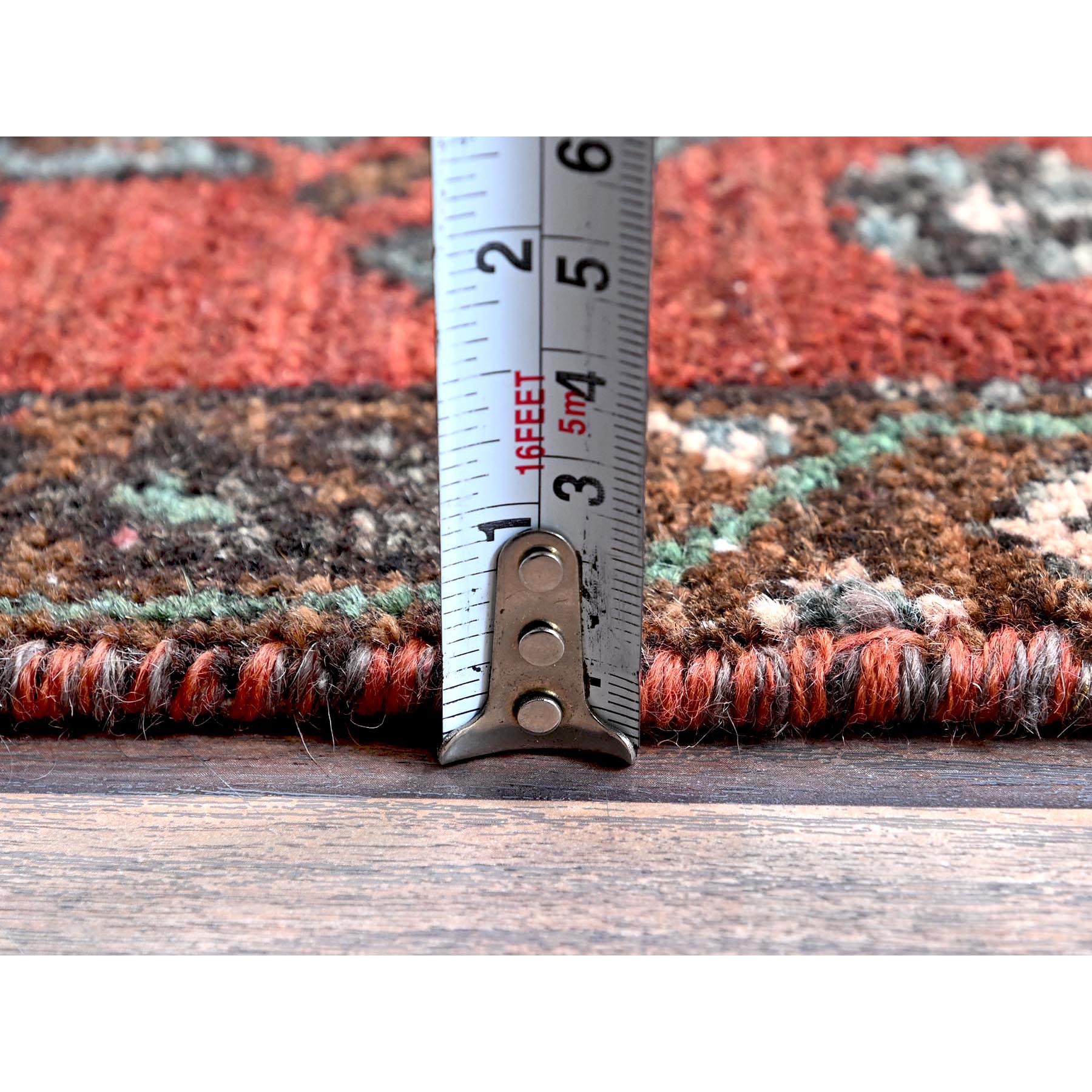2'7"x7'7" Scarlet Red, Vintage Persian Bakhtiar with Geometric Pattern, Cropped Thin, Zero Pile, Even Wear, Sides and Ends Professionally Secured, 100% Wool, Hand Knotted, Good Condition, Runner, Oriental Rug Sh648