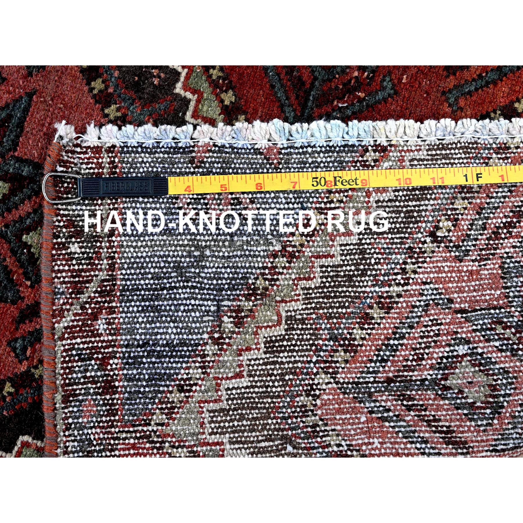 2'7"x7'7" Scarlet Red, Vintage Persian Bakhtiar with Geometric Pattern, Cropped Thin, Zero Pile, Even Wear, Sides and Ends Professionally Secured, 100% Wool, Hand Knotted, Good Condition, Runner, Oriental Rug Sh648