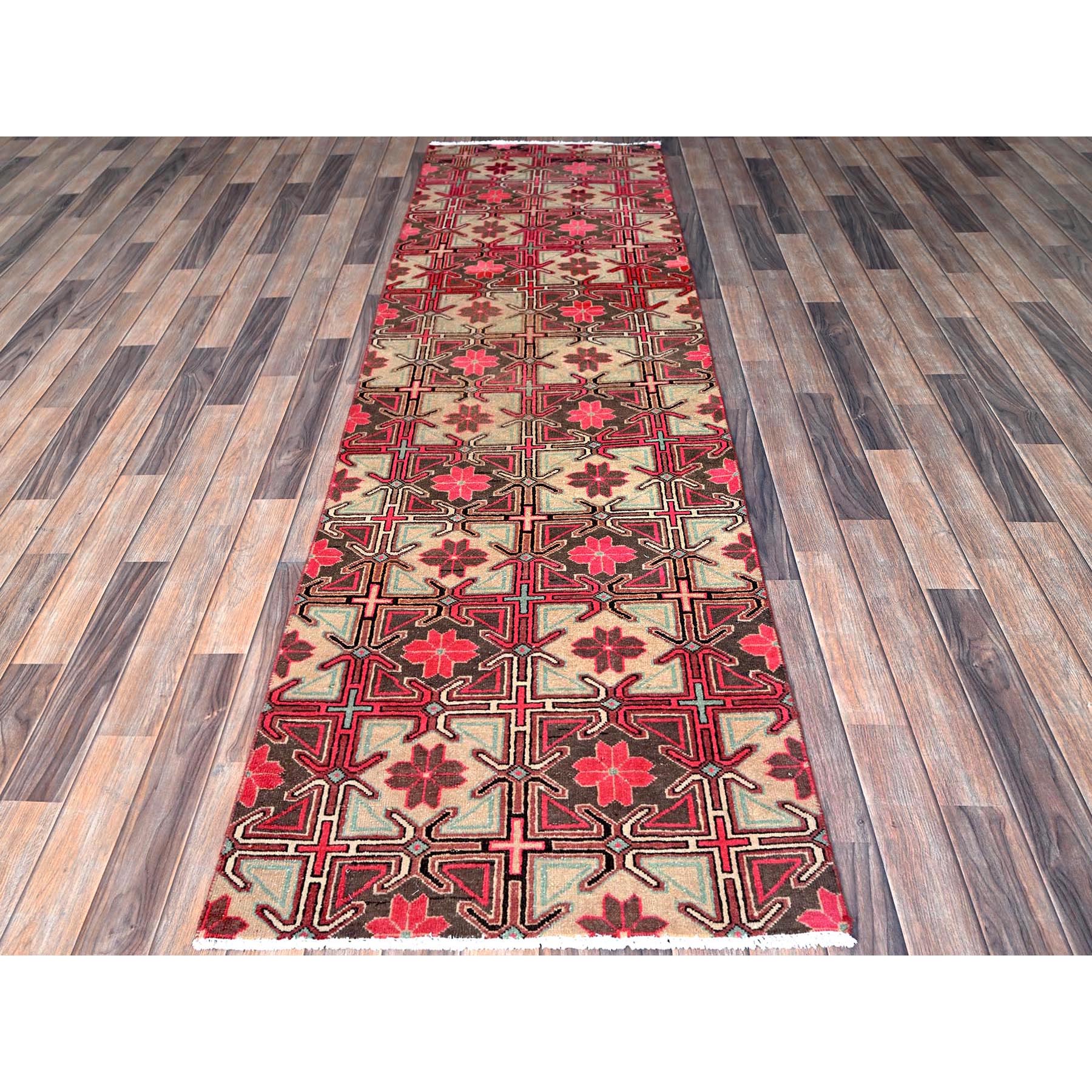 2'8"x8'8" Punch Pink, Vintage Northwest Persian with Squares and Rosettes Design, 100% Wool, Hand Knotted, Cropped Thin, Even Wear, Sides and Ends Professionally Secured, Good Condition, Runner, Oriental Rug Sh649
