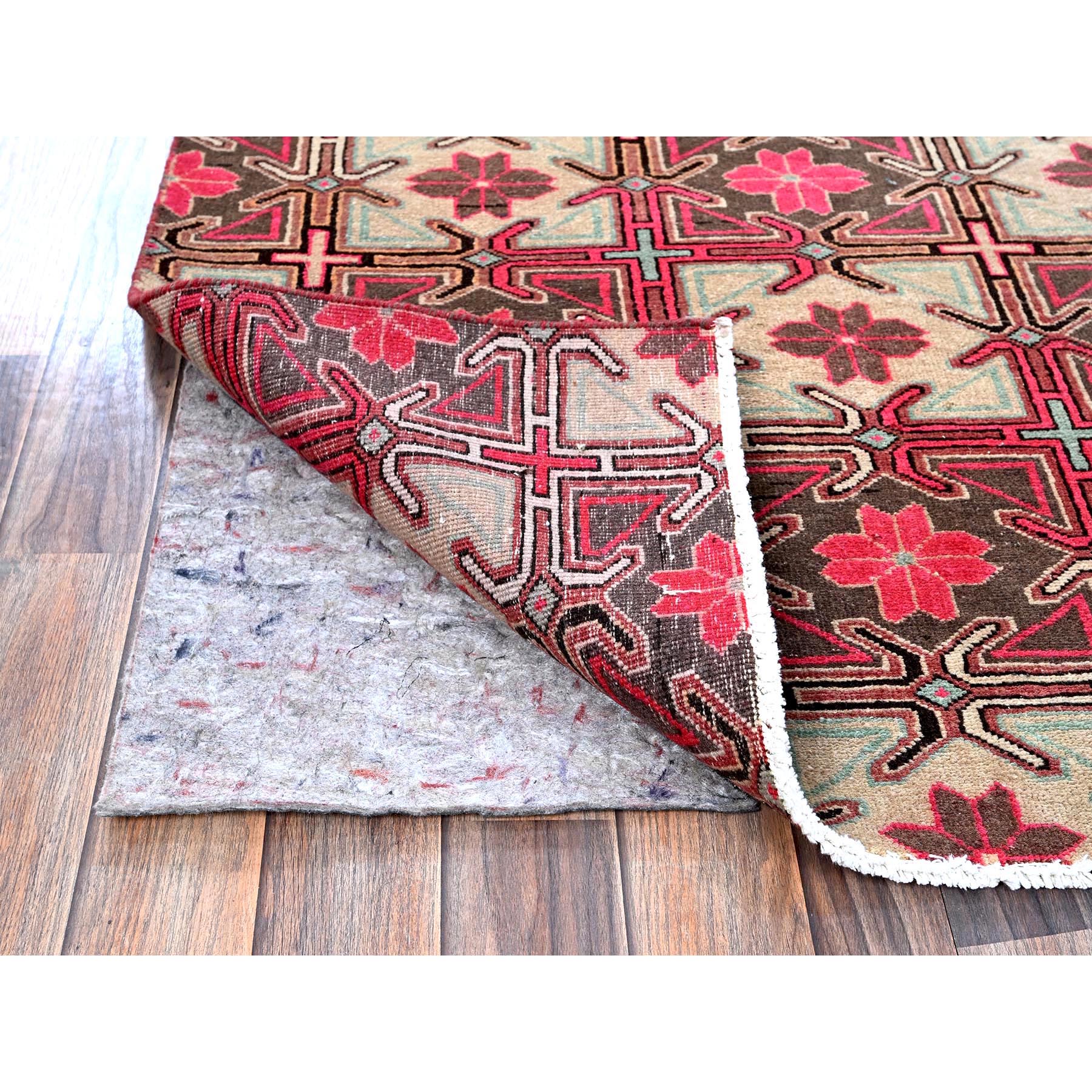 2'8"x8'8" Punch Pink, Vintage Northwest Persian with Squares and Rosettes Design, 100% Wool, Hand Knotted, Cropped Thin, Even Wear, Sides and Ends Professionally Secured, Good Condition, Runner, Oriental Rug Sh649