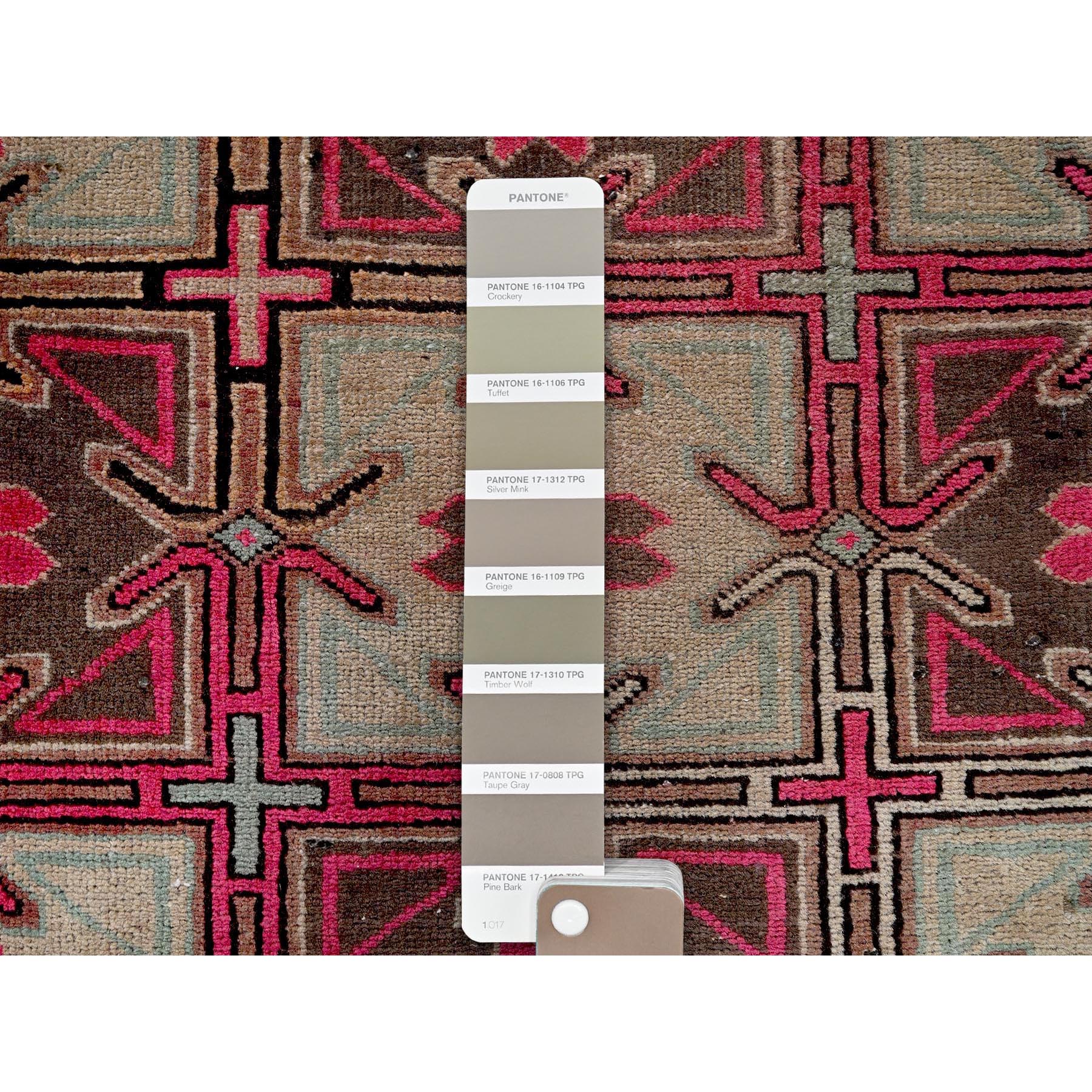 2'8"x8'8" Punch Pink, Vintage Northwest Persian with Squares and Rosettes Design, 100% Wool, Hand Knotted, Cropped Thin, Even Wear, Sides and Ends Professionally Secured, Good Condition, Runner, Oriental Rug Sh649