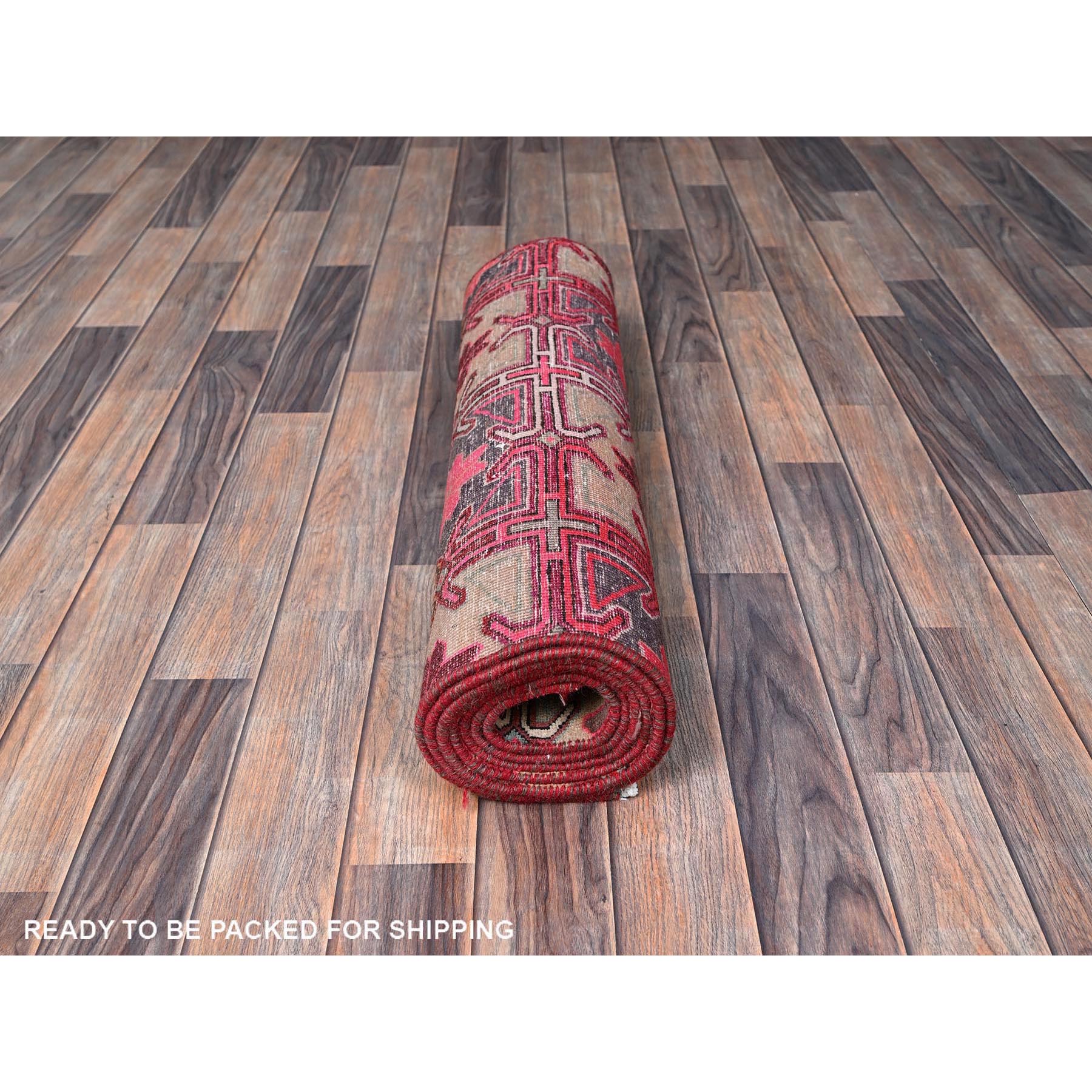 2'8"x8'8" Punch Pink, Vintage Northwest Persian with Squares and Rosettes Design, 100% Wool, Hand Knotted, Cropped Thin, Even Wear, Sides and Ends Professionally Secured, Good Condition, Runner, Oriental Rug Sh649
