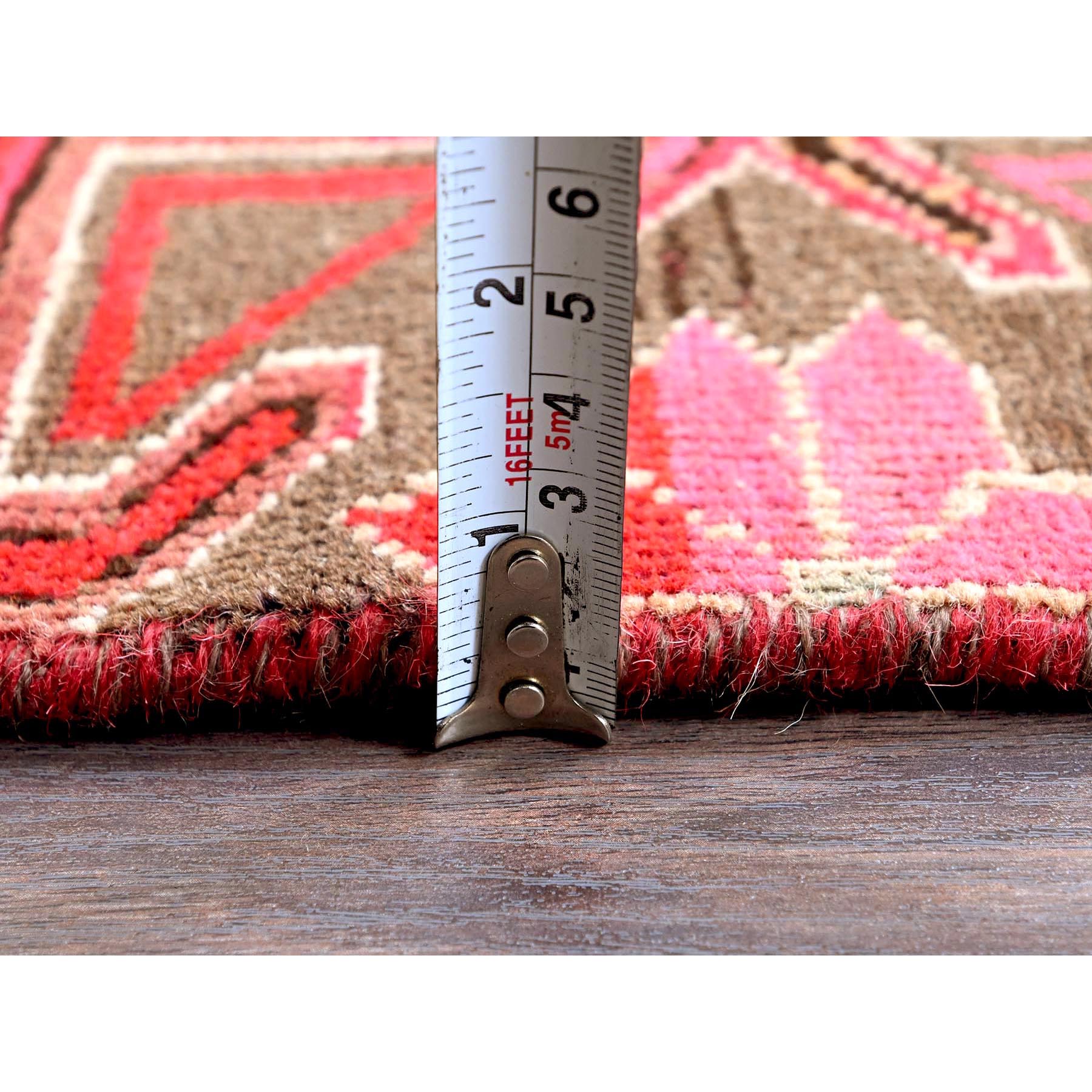2'8"x8'8" Punch Pink, Vintage Northwest Persian with Squares and Rosettes Design, 100% Wool, Hand Knotted, Cropped Thin, Even Wear, Sides and Ends Professionally Secured, Good Condition, Runner, Oriental Rug Sh649