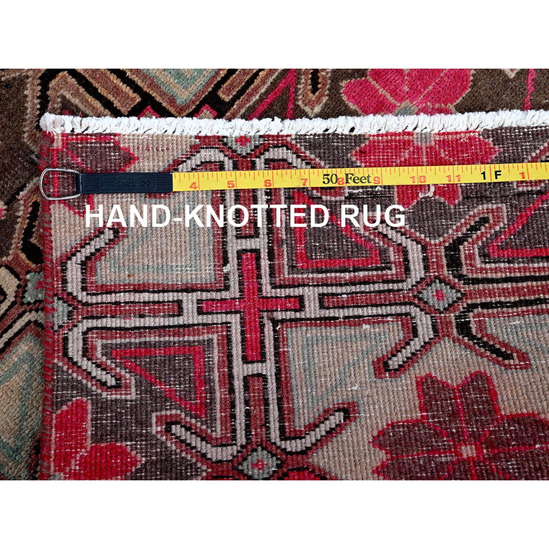 2'8"x8'8" Punch Pink, Vintage Northwest Persian with Squares and Rosettes Design, 100% Wool, Hand Knotted, Cropped Thin, Even Wear, Sides and Ends Professionally Secured, Good Condition, Runner, Oriental Rug Sh649