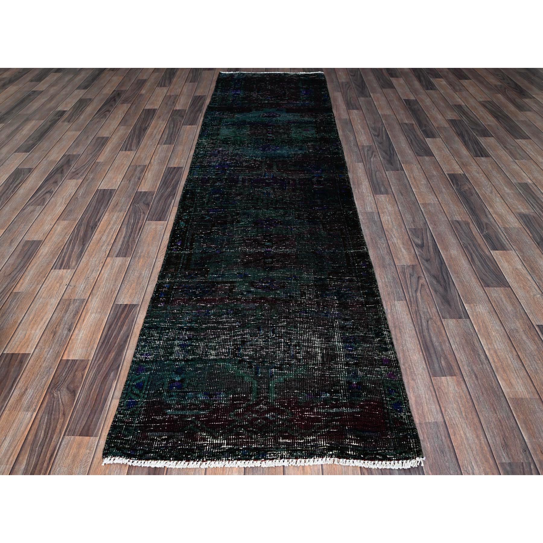 2'8"x9'6" Overdyed Green, Vintage Persian with Geometric Pattern, Worn Down, Distressed, Zero Pile, Sides and Ends Professionally Secured, 100% Wool, Hand Knotted, Narrow Runner, Oriental Rug Sh650