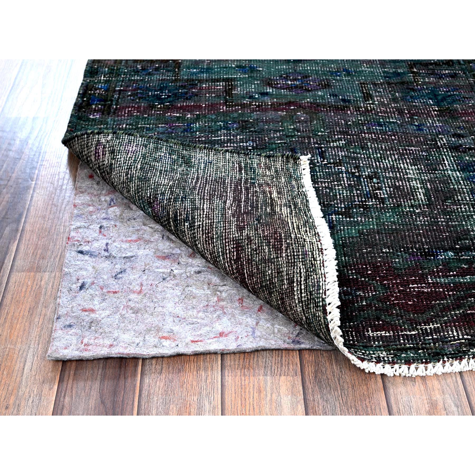 2'8"x9'6" Overdyed Green, Vintage Persian with Geometric Pattern, Worn Down, Distressed, Zero Pile, Sides and Ends Professionally Secured, 100% Wool, Hand Knotted, Narrow Runner, Oriental Rug Sh650