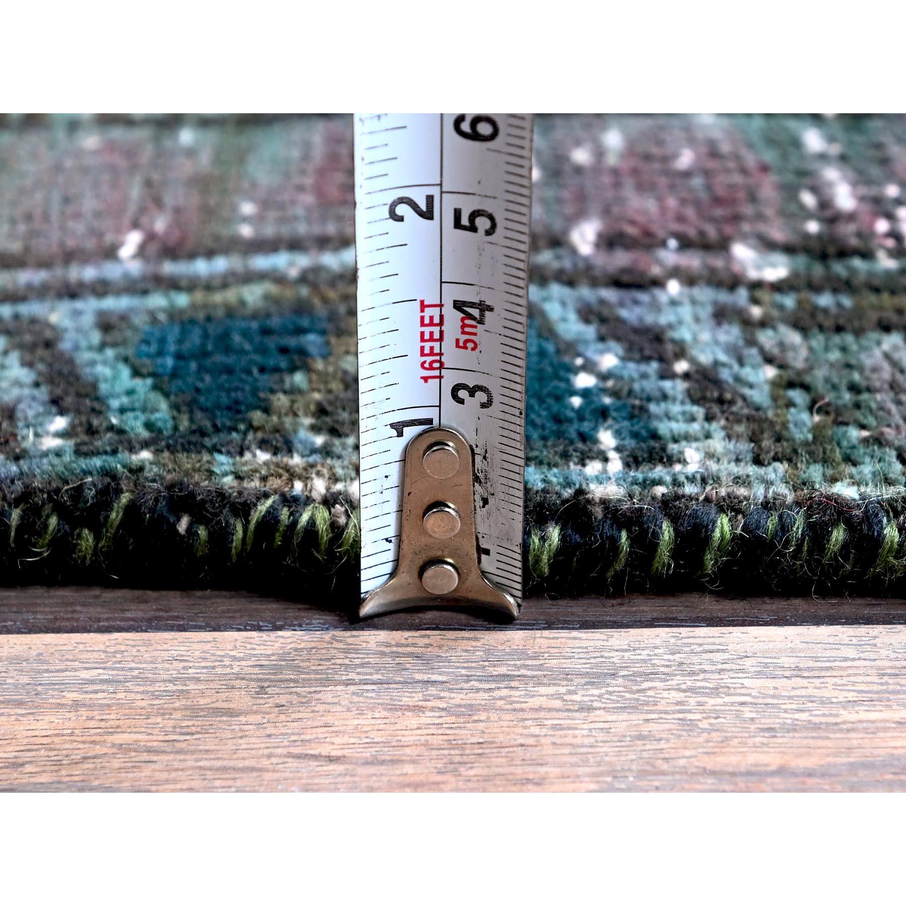 2'8"x9'6" Overdyed Green, Vintage Persian with Geometric Pattern, Worn Down, Distressed, Zero Pile, Sides and Ends Professionally Secured, 100% Wool, Hand Knotted, Narrow Runner, Oriental Rug Sh650