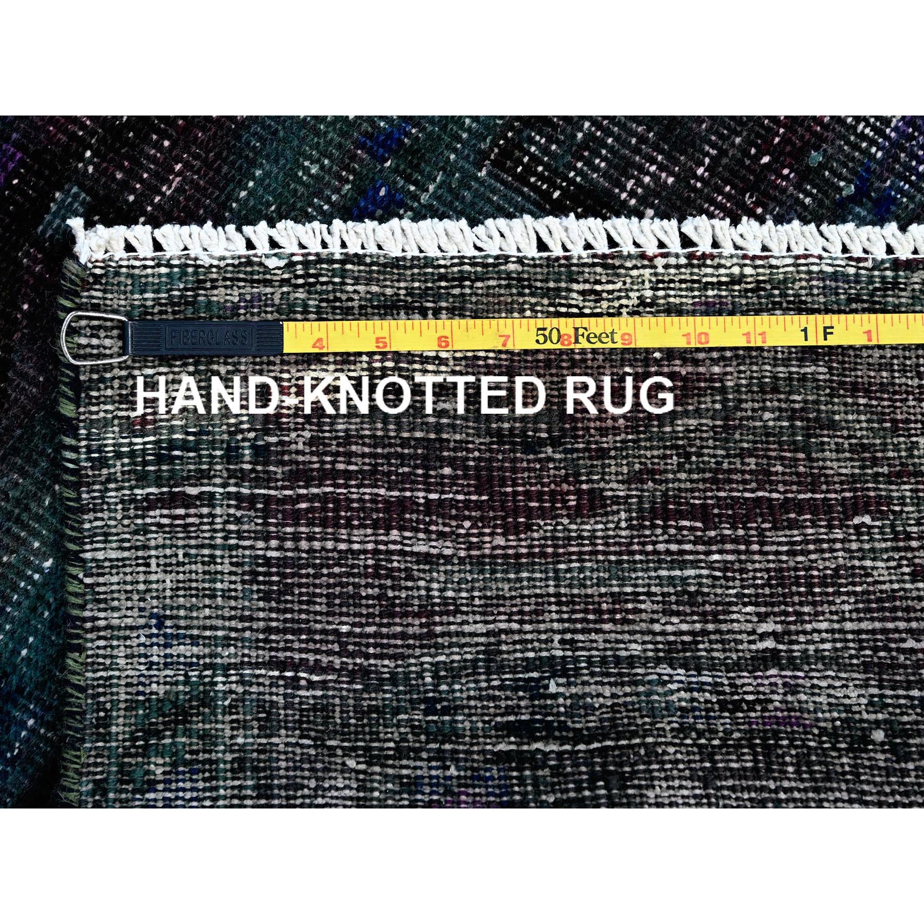 2'8"x9'6" Overdyed Green, Vintage Persian with Geometric Pattern, Worn Down, Distressed, Zero Pile, Sides and Ends Professionally Secured, 100% Wool, Hand Knotted, Narrow Runner, Oriental Rug Sh650