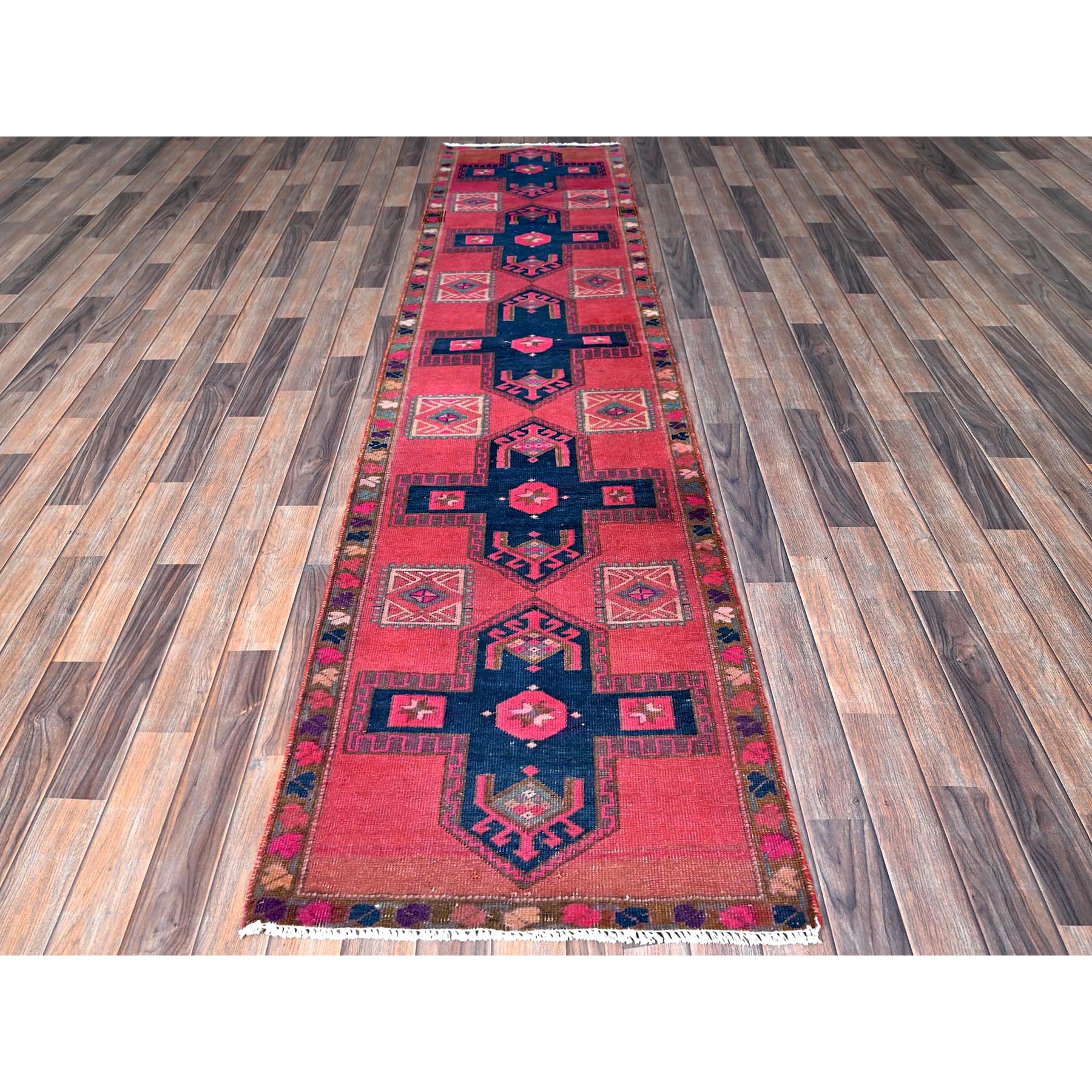 2'5"x9'10" Punch Pink, Overdyed Northwest Persian with Armenian Inspired Caucasian Design, 100% Wool, Hand Knotted, Shaved Down, Zero Pile, Sides and Ends Professionally Secured, Good Condition, Narrow Runner, Oriental Rug Sh651