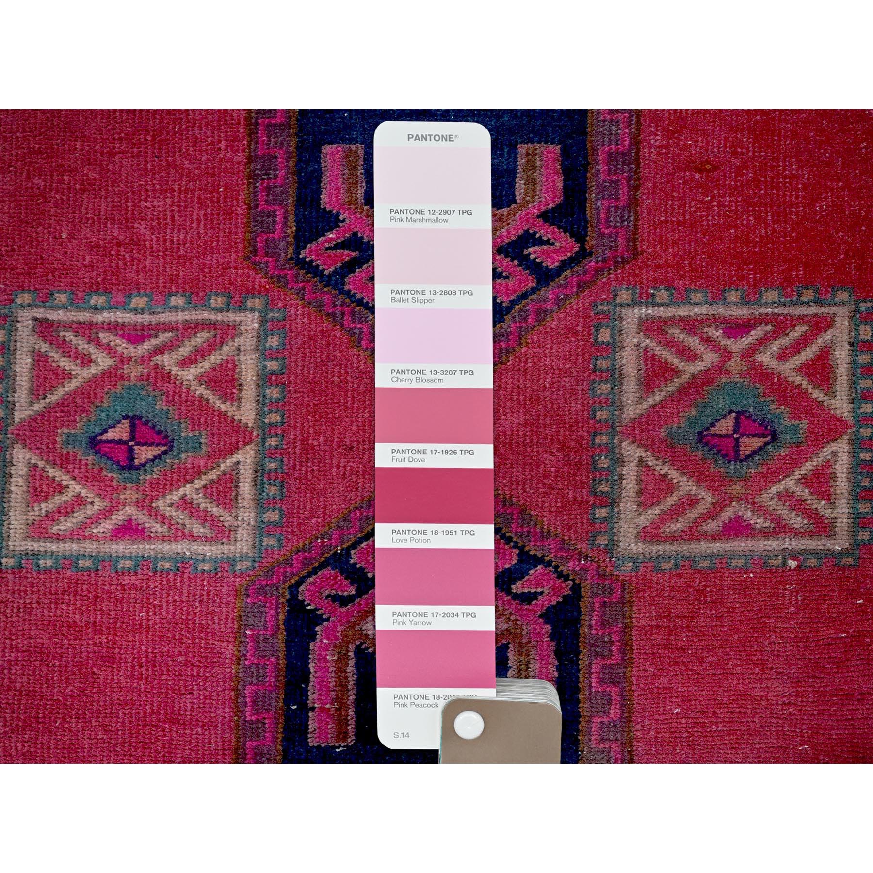 2'5"x9'10" Punch Pink, Overdyed Northwest Persian with Armenian Inspired Caucasian Design, 100% Wool, Hand Knotted, Shaved Down, Zero Pile, Sides and Ends Professionally Secured, Good Condition, Narrow Runner, Oriental Rug Sh651