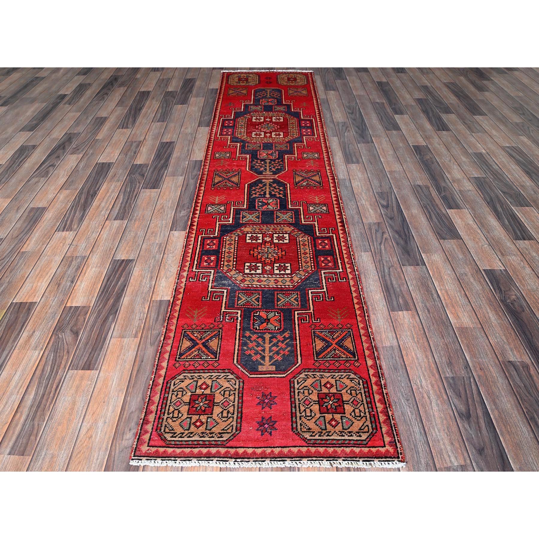 2'3"x9'3" Crimson Red, Vintage Persian Tabriz with Geometric Pattern, Worn and Distressed, 100% Wool, Hand Knotted, Cropped Thin, Even Wear, Sides and Ends Professionally Secured, Good Condition, Narrow Runner, Oriental Rug Sh653
