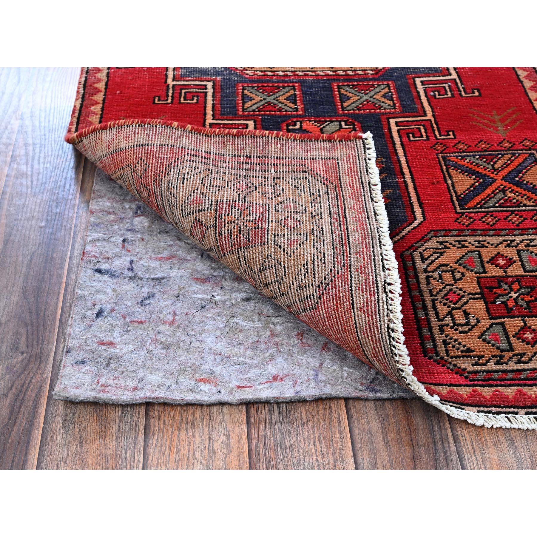 2'3"x9'3" Crimson Red, Vintage Persian Tabriz with Geometric Pattern, Worn and Distressed, 100% Wool, Hand Knotted, Cropped Thin, Even Wear, Sides and Ends Professionally Secured, Good Condition, Narrow Runner, Oriental Rug Sh653