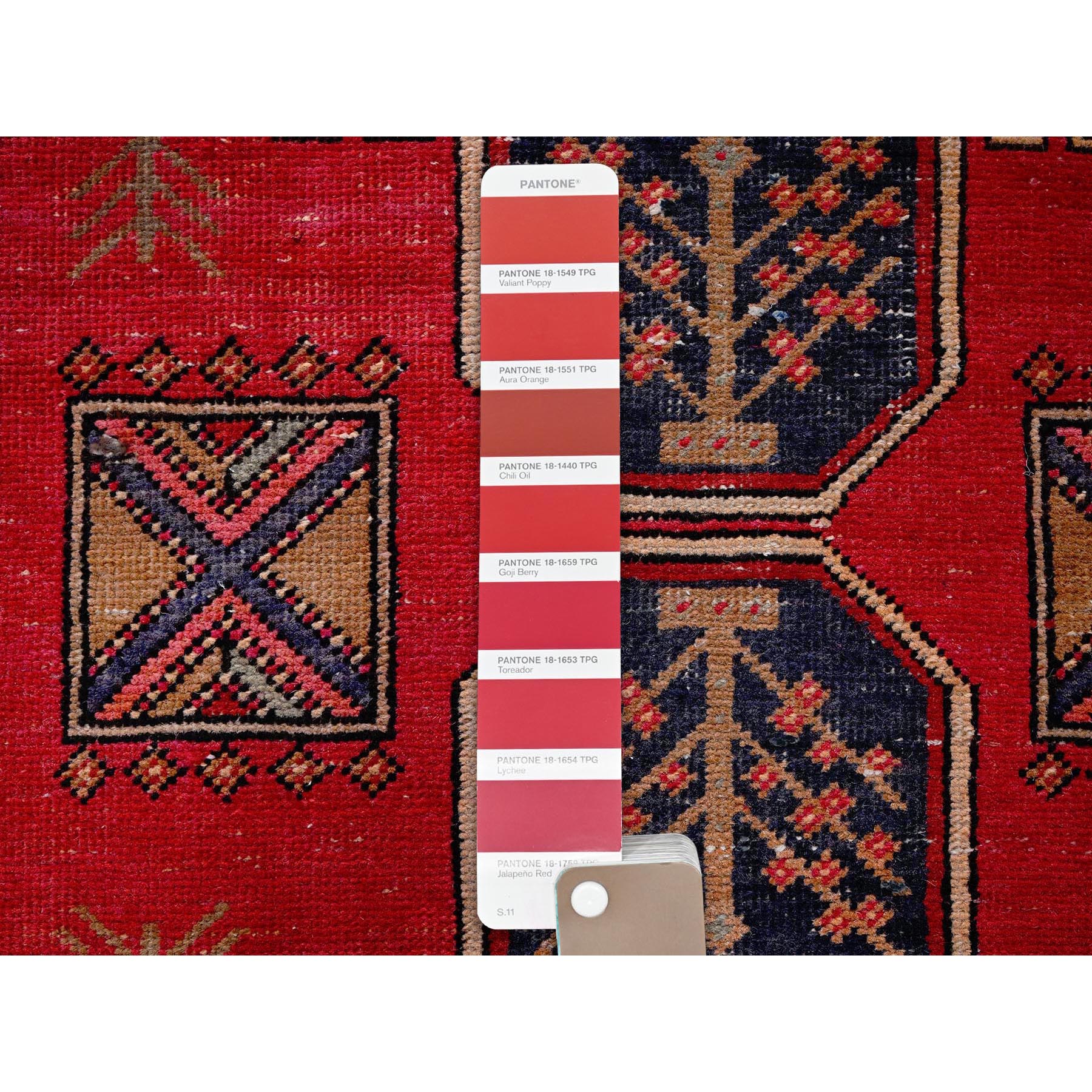 2'3"x9'3" Crimson Red, Vintage Persian Tabriz with Geometric Pattern, Worn and Distressed, 100% Wool, Hand Knotted, Cropped Thin, Even Wear, Sides and Ends Professionally Secured, Good Condition, Narrow Runner, Oriental Rug Sh653