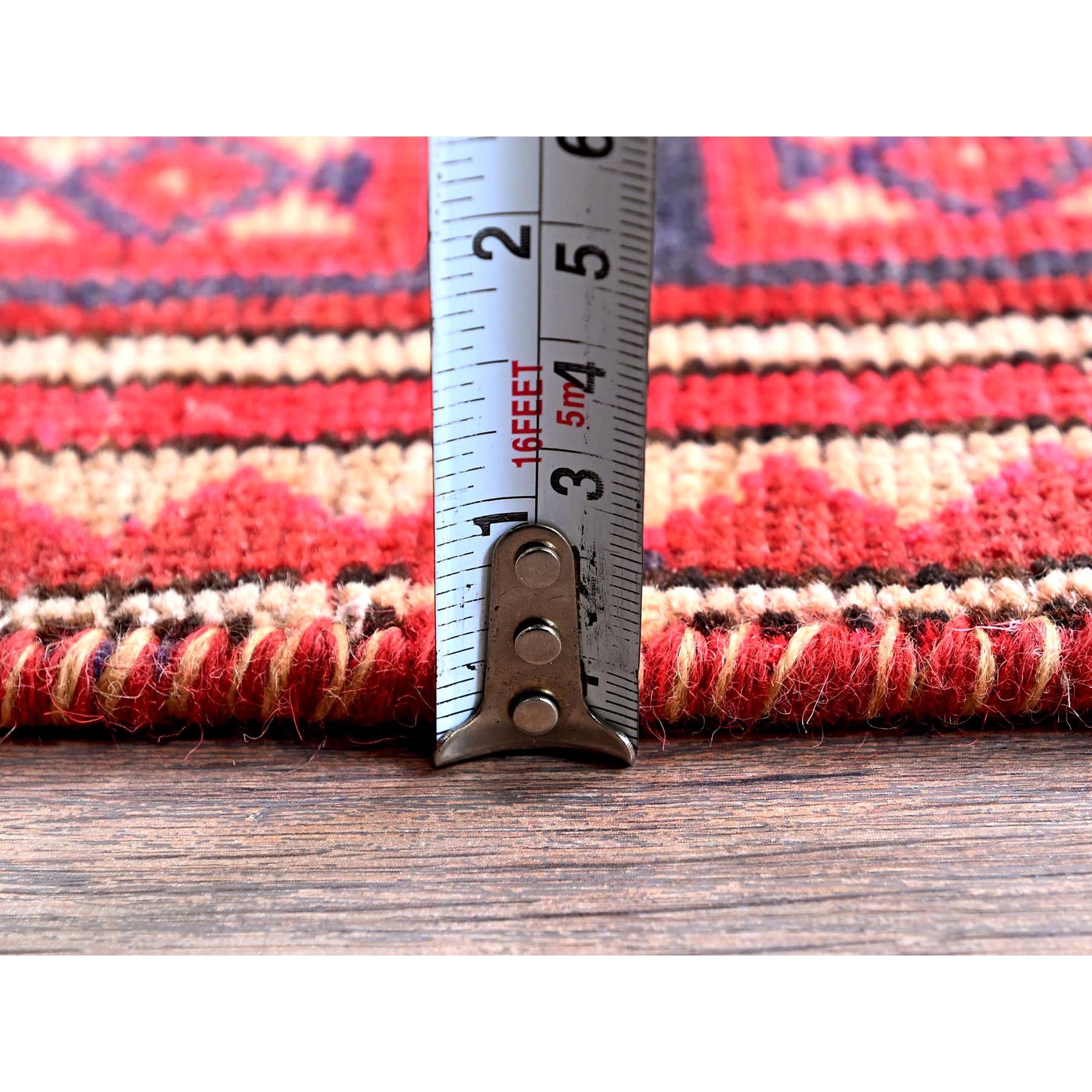 2'3"x9'3" Crimson Red, Vintage Persian Tabriz with Geometric Pattern, Worn and Distressed, 100% Wool, Hand Knotted, Cropped Thin, Even Wear, Sides and Ends Professionally Secured, Good Condition, Narrow Runner, Oriental Rug Sh653