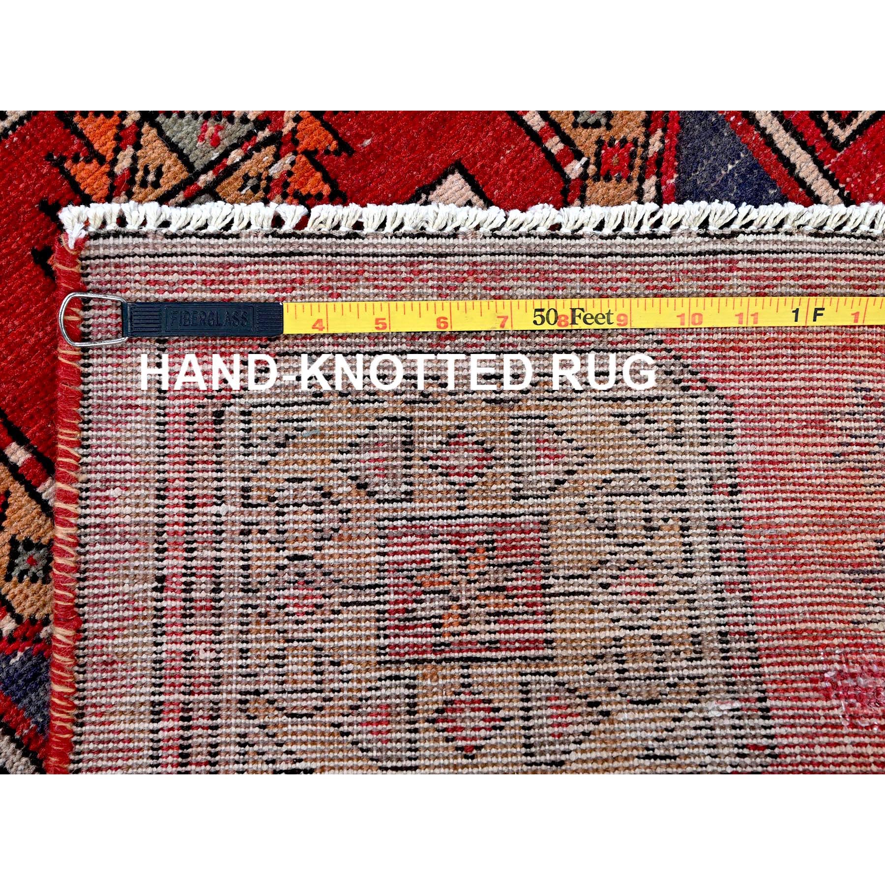 2'3"x9'3" Crimson Red, Vintage Persian Tabriz with Geometric Pattern, Worn and Distressed, 100% Wool, Hand Knotted, Cropped Thin, Even Wear, Sides and Ends Professionally Secured, Good Condition, Narrow Runner, Oriental Rug Sh653
