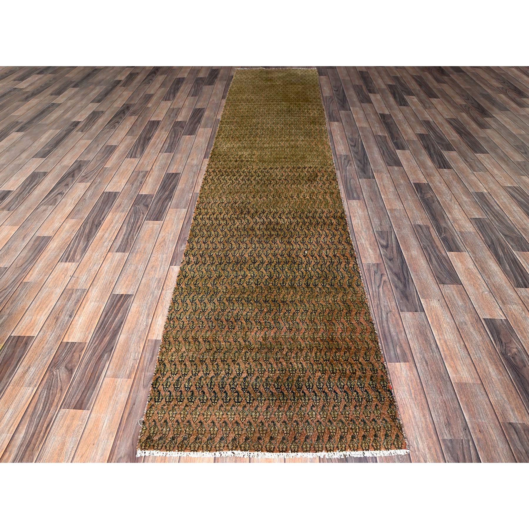 2'6"x11'5" Copper Brown, Vintage Persian Tabriz with Paisley Repetitive Intricate Pattern, Shaved Down, Zero Pile, Sides and Ends Professionally Secured, Fragment, Runner, Oriental Rug Sh654