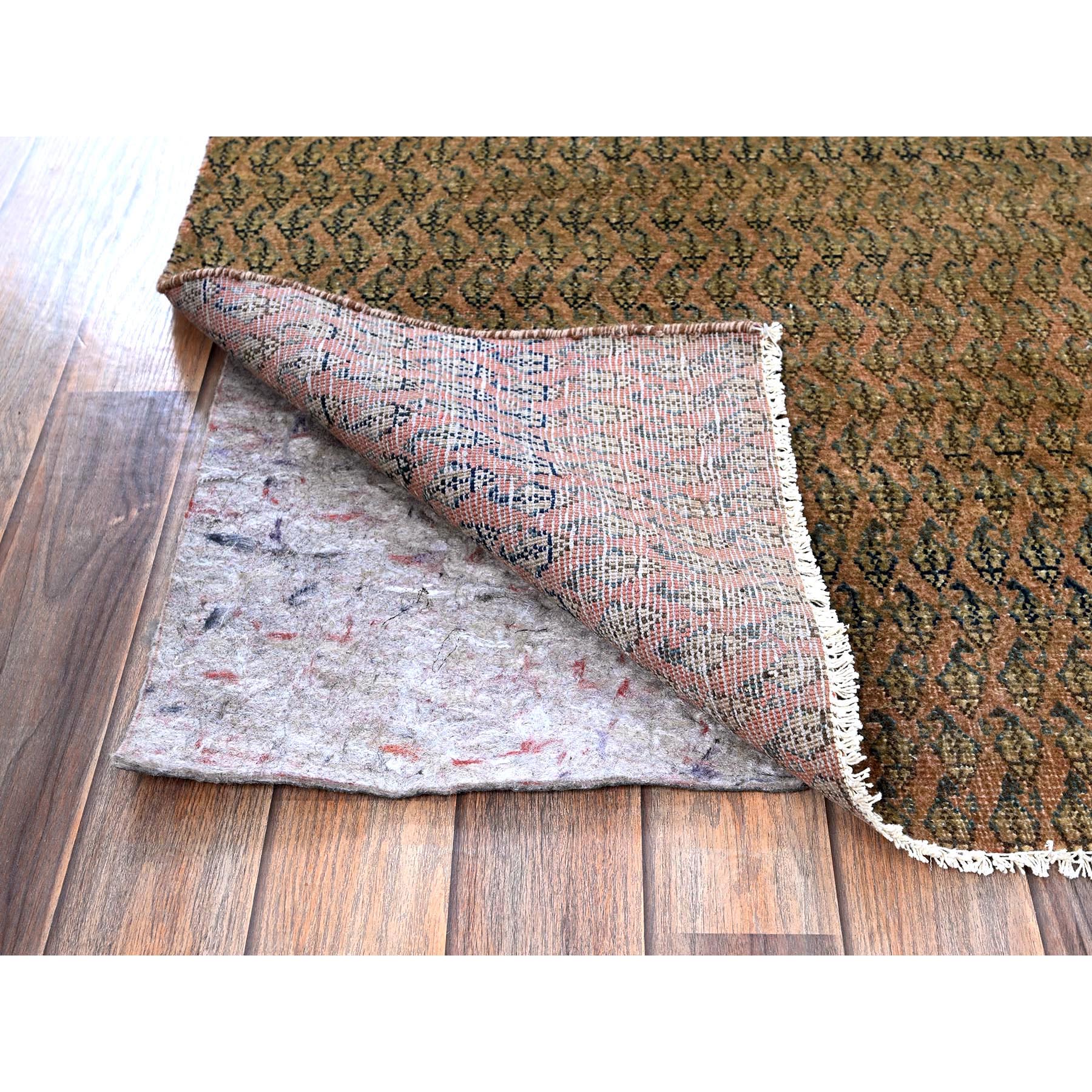 2'6"x11'5" Copper Brown, Vintage Persian Tabriz with Paisley Repetitive Intricate Pattern, Shaved Down, Zero Pile, Sides and Ends Professionally Secured, Fragment, Runner, Oriental Rug Sh654