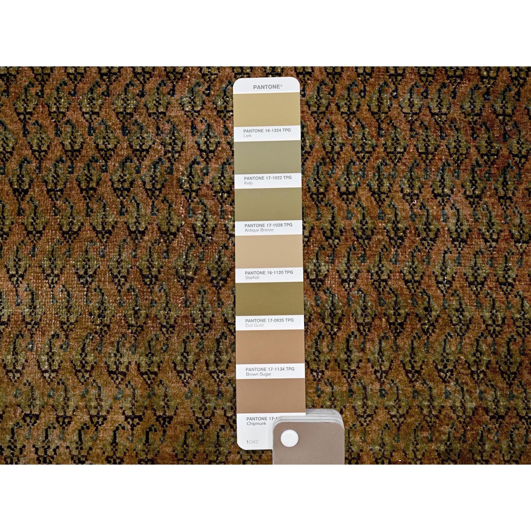 2'6"x11'5" Copper Brown, Vintage Persian Tabriz with Paisley Repetitive Intricate Pattern, Shaved Down, Zero Pile, Sides and Ends Professionally Secured, Fragment, Runner, Oriental Rug Sh654