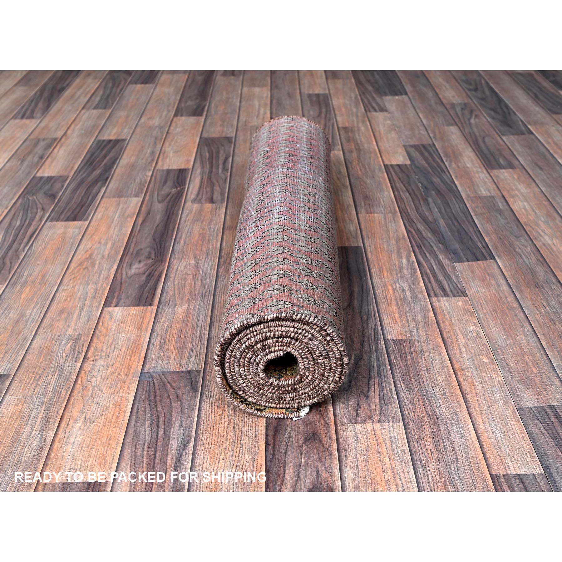 2'6"x11'5" Copper Brown, Vintage Persian Tabriz with Paisley Repetitive Intricate Pattern, Shaved Down, Zero Pile, Sides and Ends Professionally Secured, Fragment, Runner, Oriental Rug Sh654