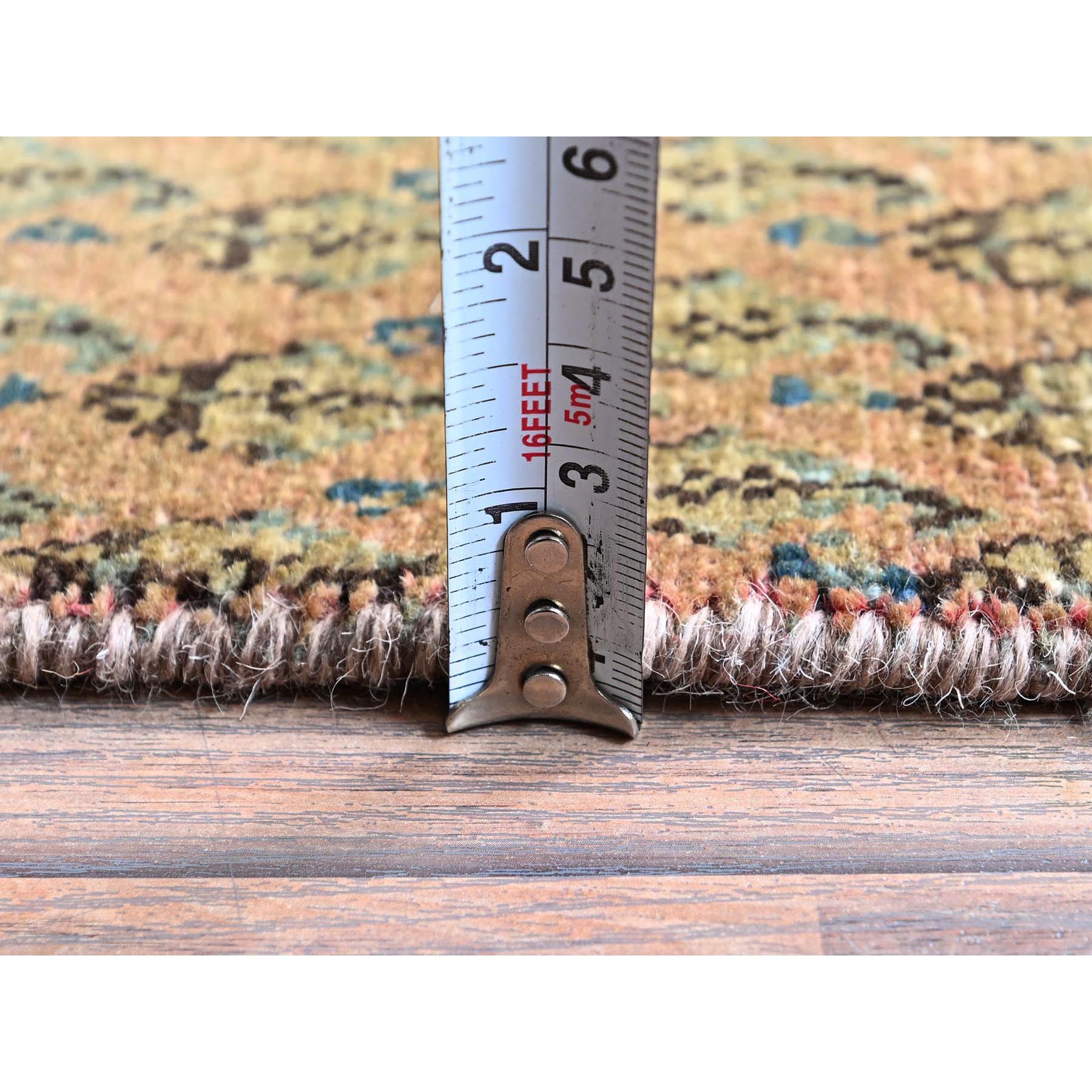 2'6"x11'5" Copper Brown, Vintage Persian Tabriz with Paisley Repetitive Intricate Pattern, Shaved Down, Zero Pile, Sides and Ends Professionally Secured, Fragment, Runner, Oriental Rug Sh654