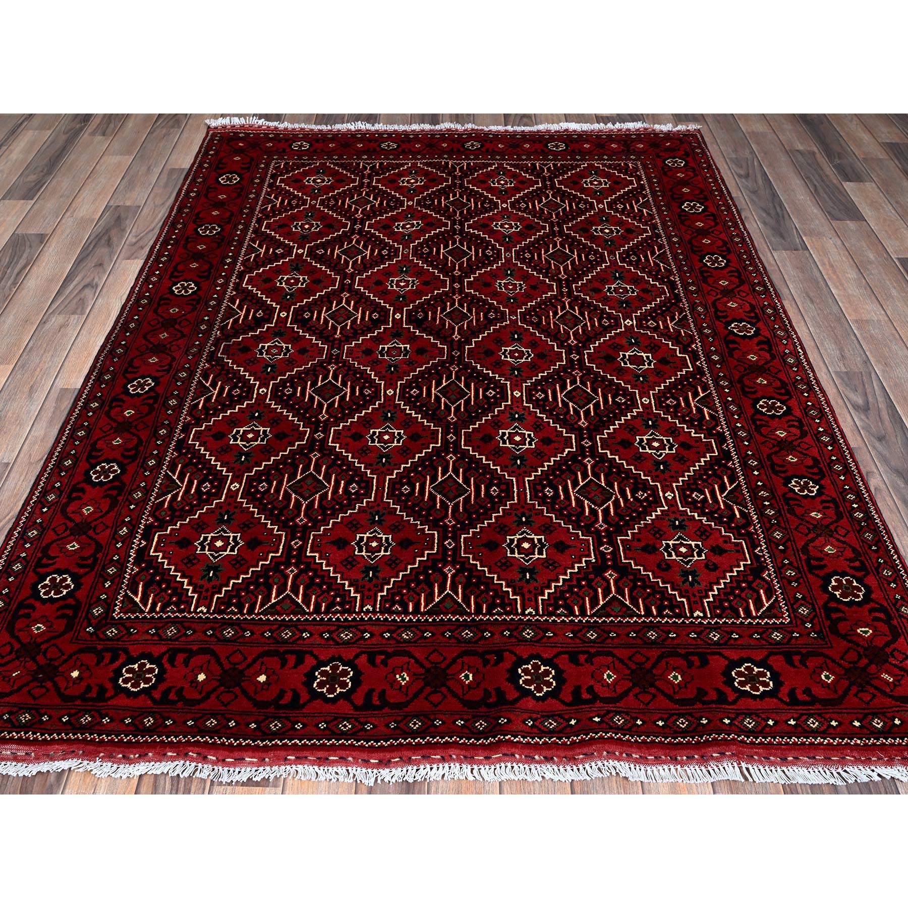 5'x6'7" Scarlet Red, Afghan Khamyab with All Over Geometric Pattern, Pure Wool, Vegetable Dyes, Hand Knotted, Oriental Rug Sh655