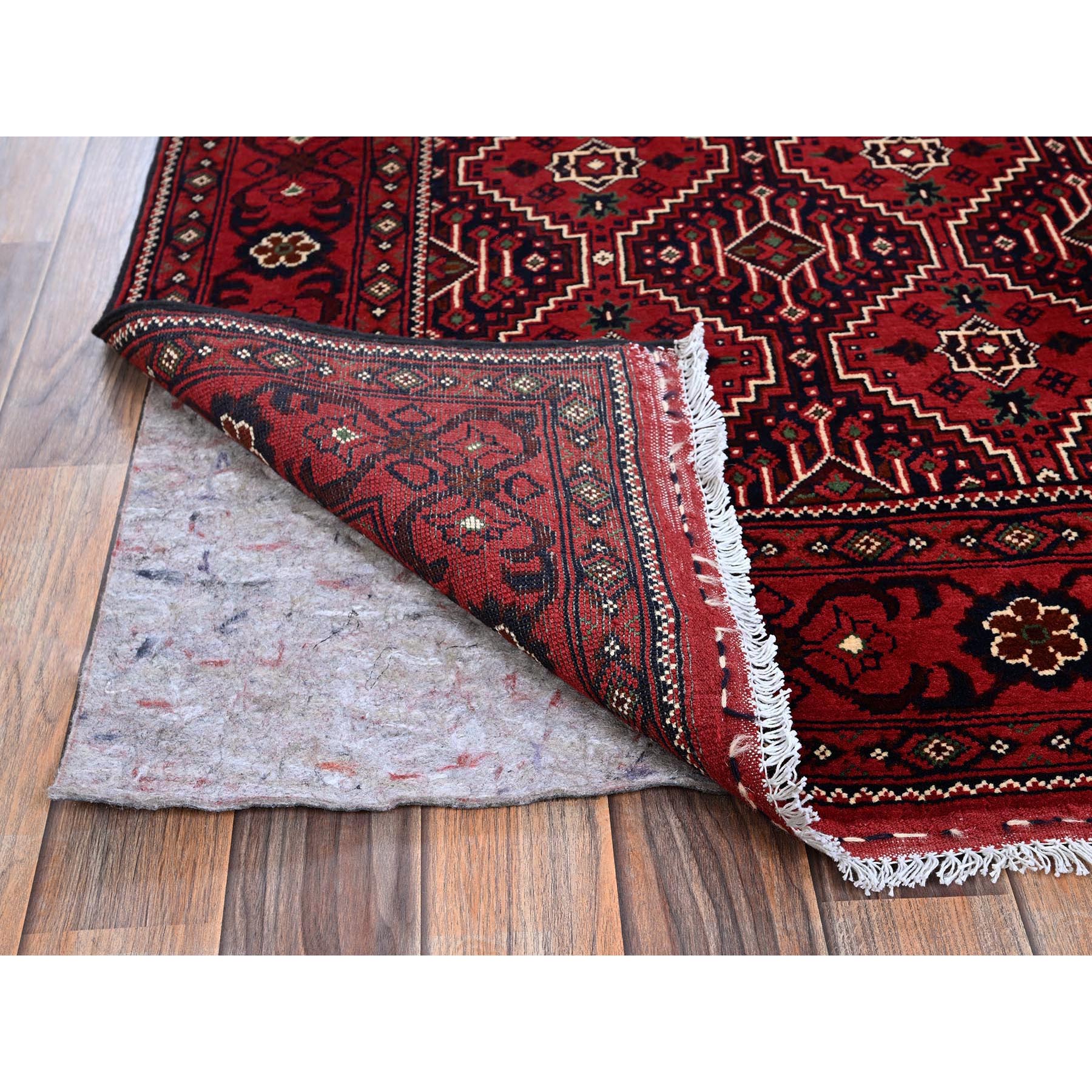 5'x6'7" Scarlet Red, Afghan Khamyab with All Over Geometric Pattern, Pure Wool, Vegetable Dyes, Hand Knotted, Oriental Rug Sh655