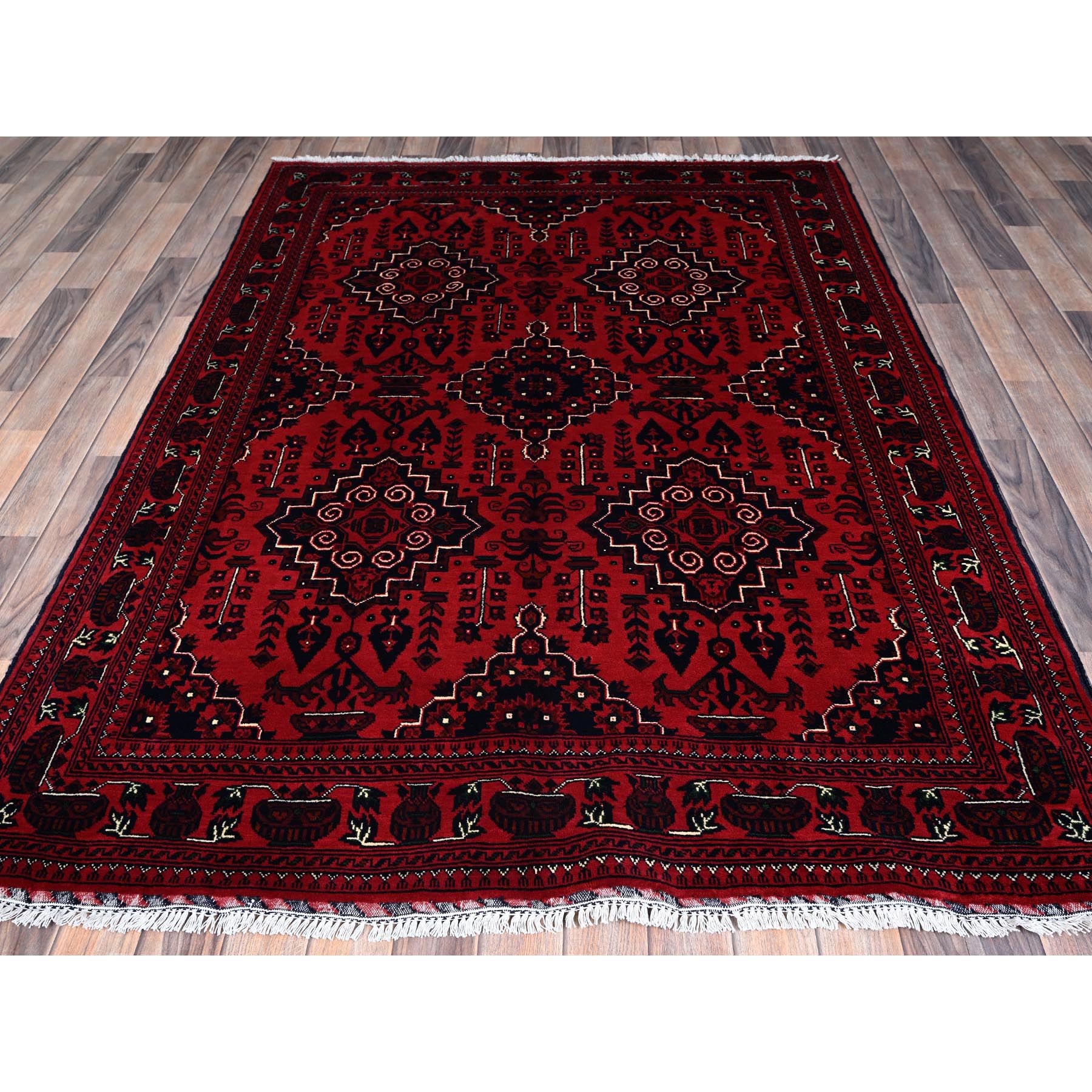 5'x7' Chili Red, Hand Knotted, Afghan Khamyab with Geometric Medallions Design, Pure Wool, Natural Dyes, Oriental Rug Sh657