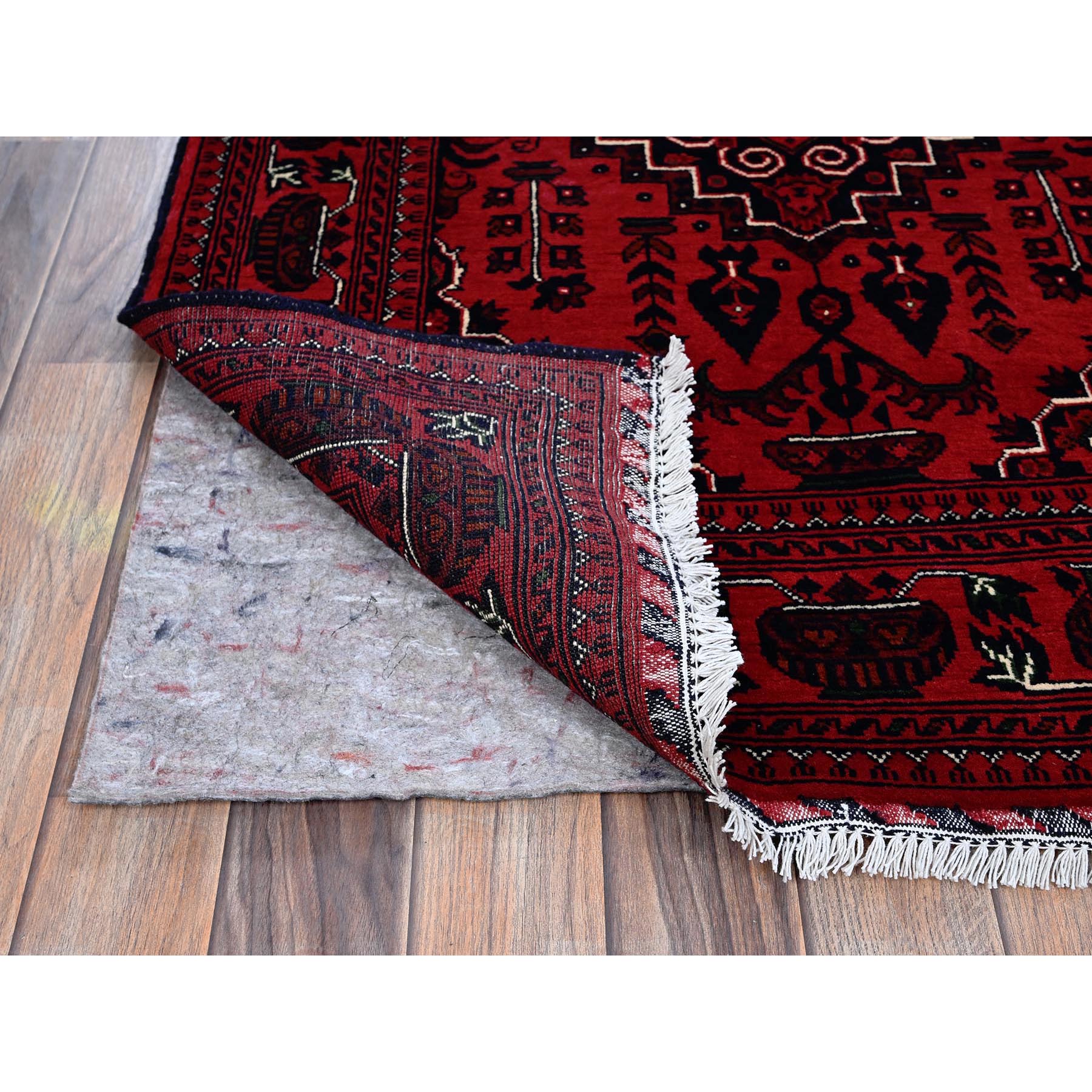 5'x7' Chili Red, Hand Knotted, Afghan Khamyab with Geometric Medallions Design, Pure Wool, Natural Dyes, Oriental Rug Sh657