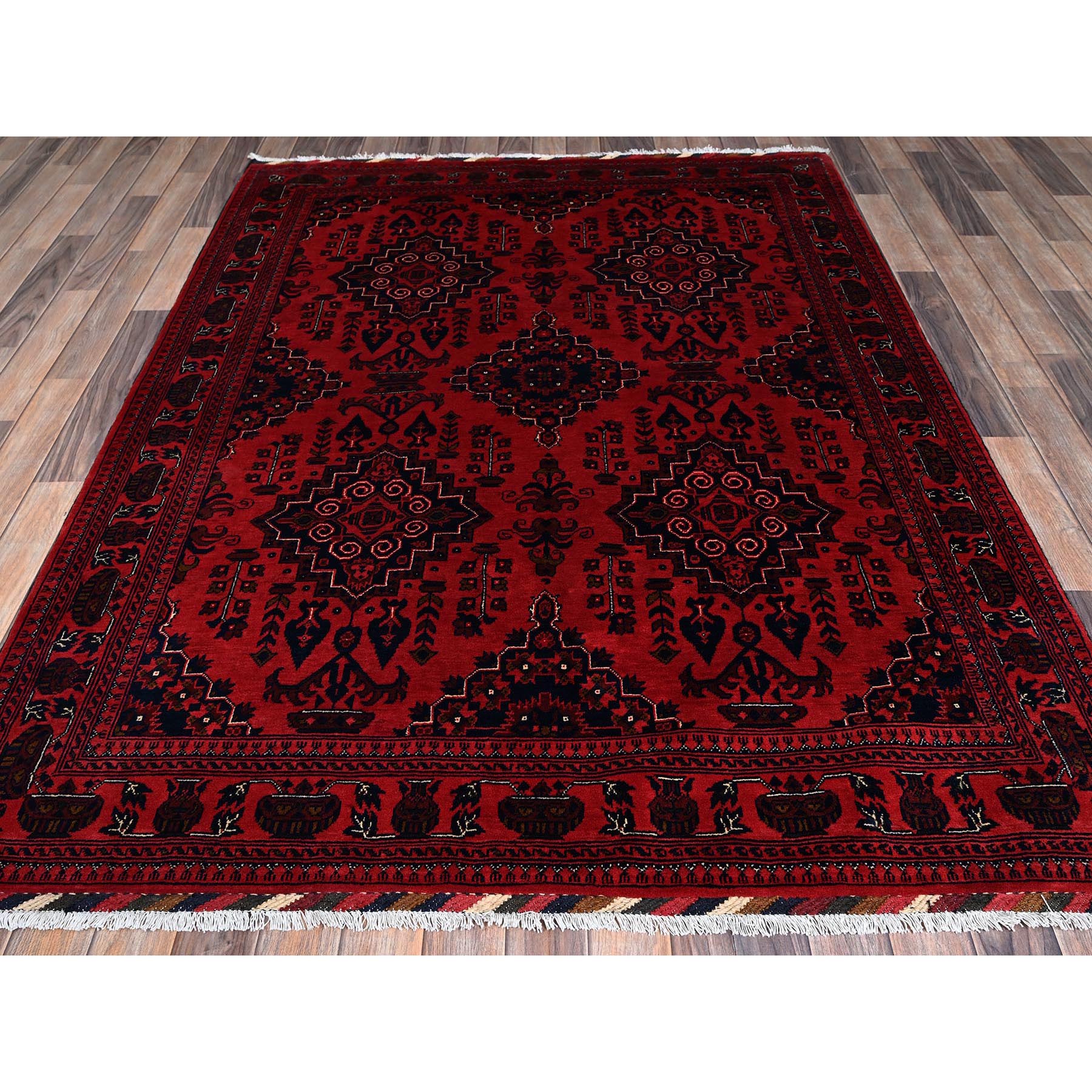 5'3"x7' Scarlet Red, Afghan Khamyab with Geometric Medallions Design, Hand Knotted, 100% Wool, Natural Dyes, Oriental Rug Sh659
