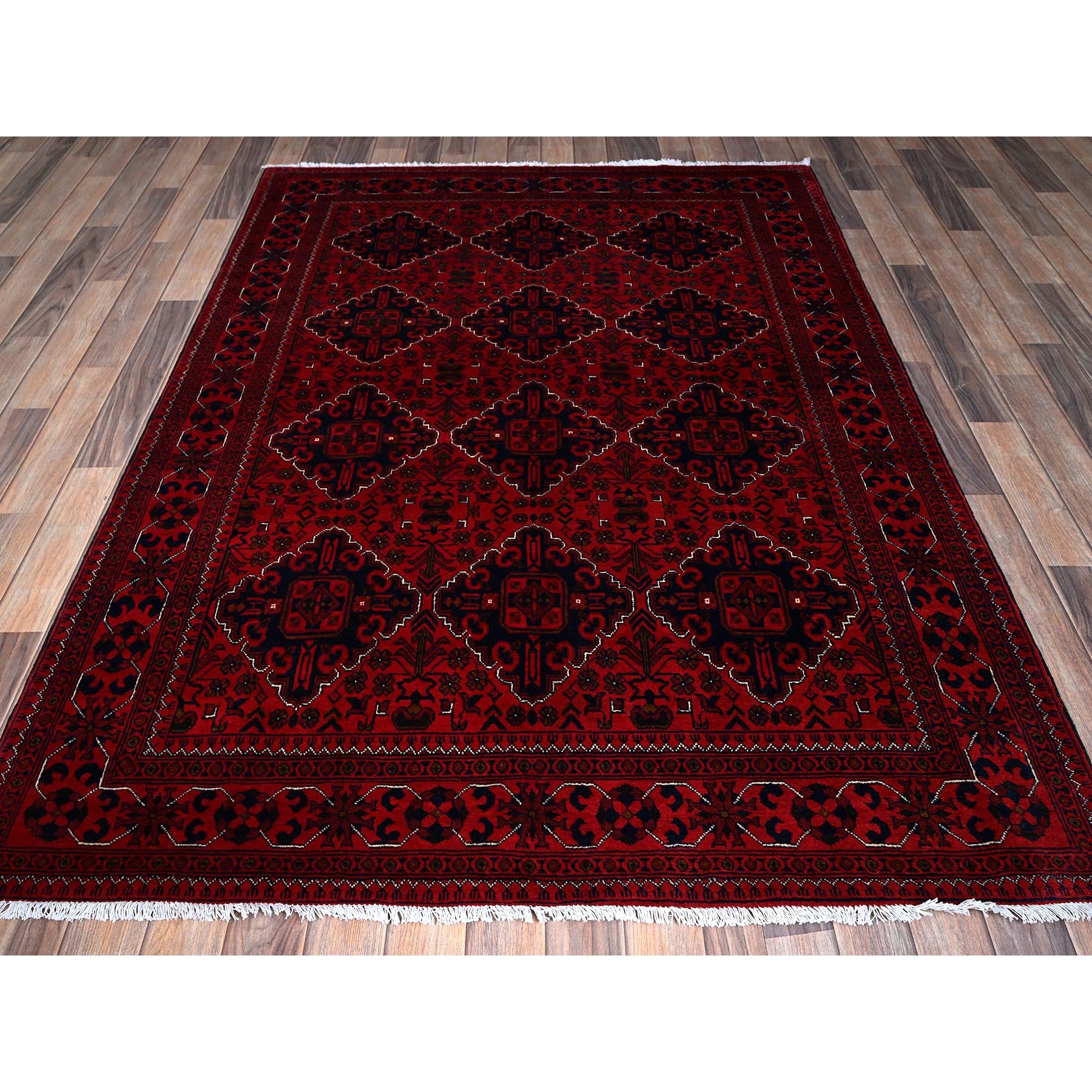 5'x7' Chili Red, Afghan Khamyab with Geometric Medallions Design, Pure Wool, Vegetable Dyes, Hand Knotted, Oriental Rug Sh661