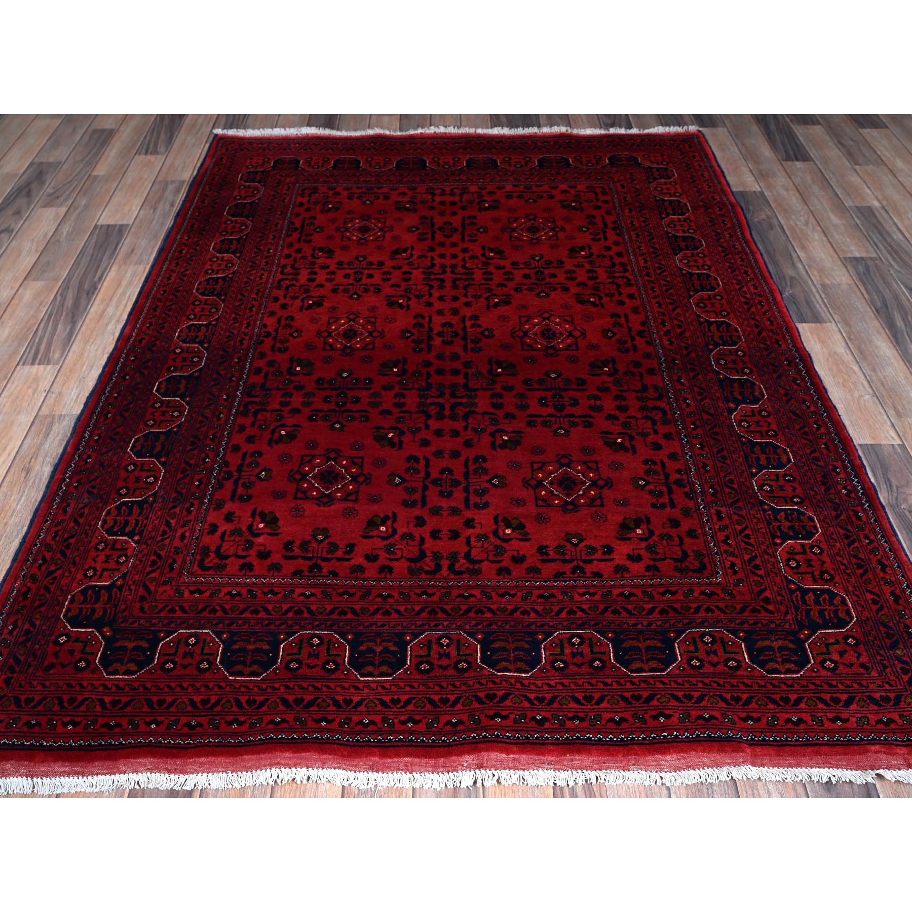 5'x6'4" Scarlet Red, Afghan Khamyab with Tribal Design, Pure Wool, Vegetable Dyes, Hand Knotted, Oriental Rug Sh662