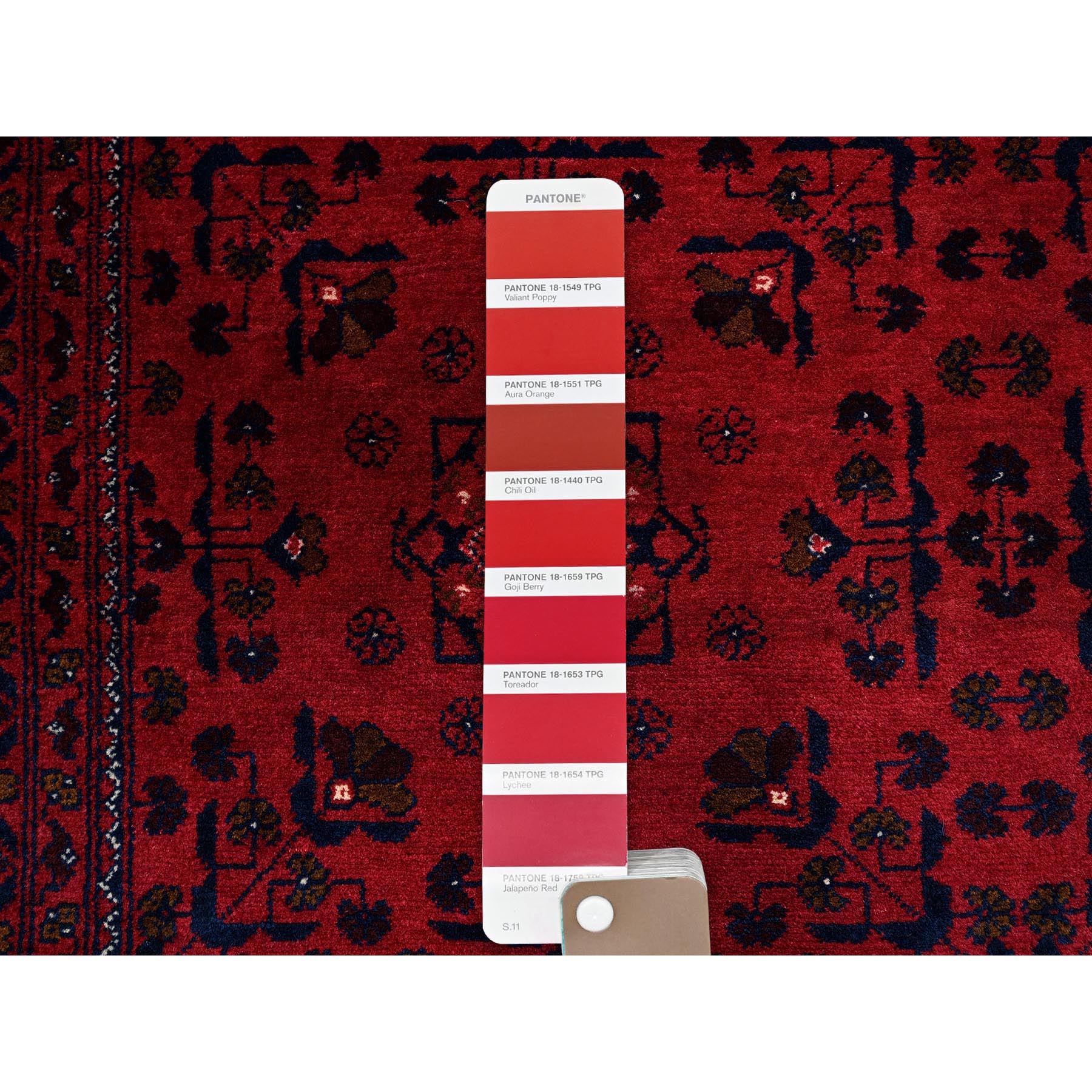 5'x6'4" Scarlet Red, Afghan Khamyab with Tribal Design, Pure Wool, Vegetable Dyes, Hand Knotted, Oriental Rug Sh662