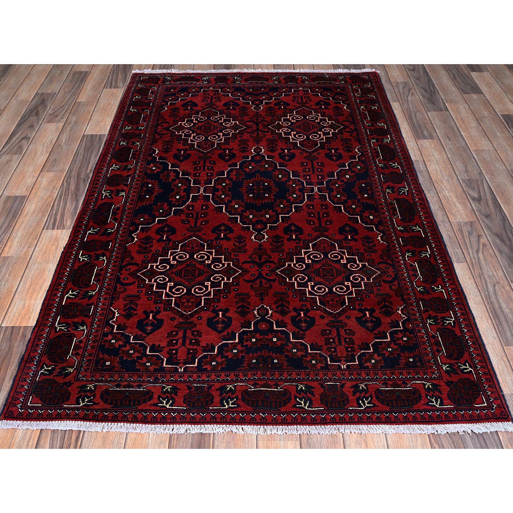 3'10"x6' Chili Red, Afghan Khamyab with Geometric Medallions Design, Hand Knotted, Pure Wool, Vegetable Dyes, Oriental Rug Sh667