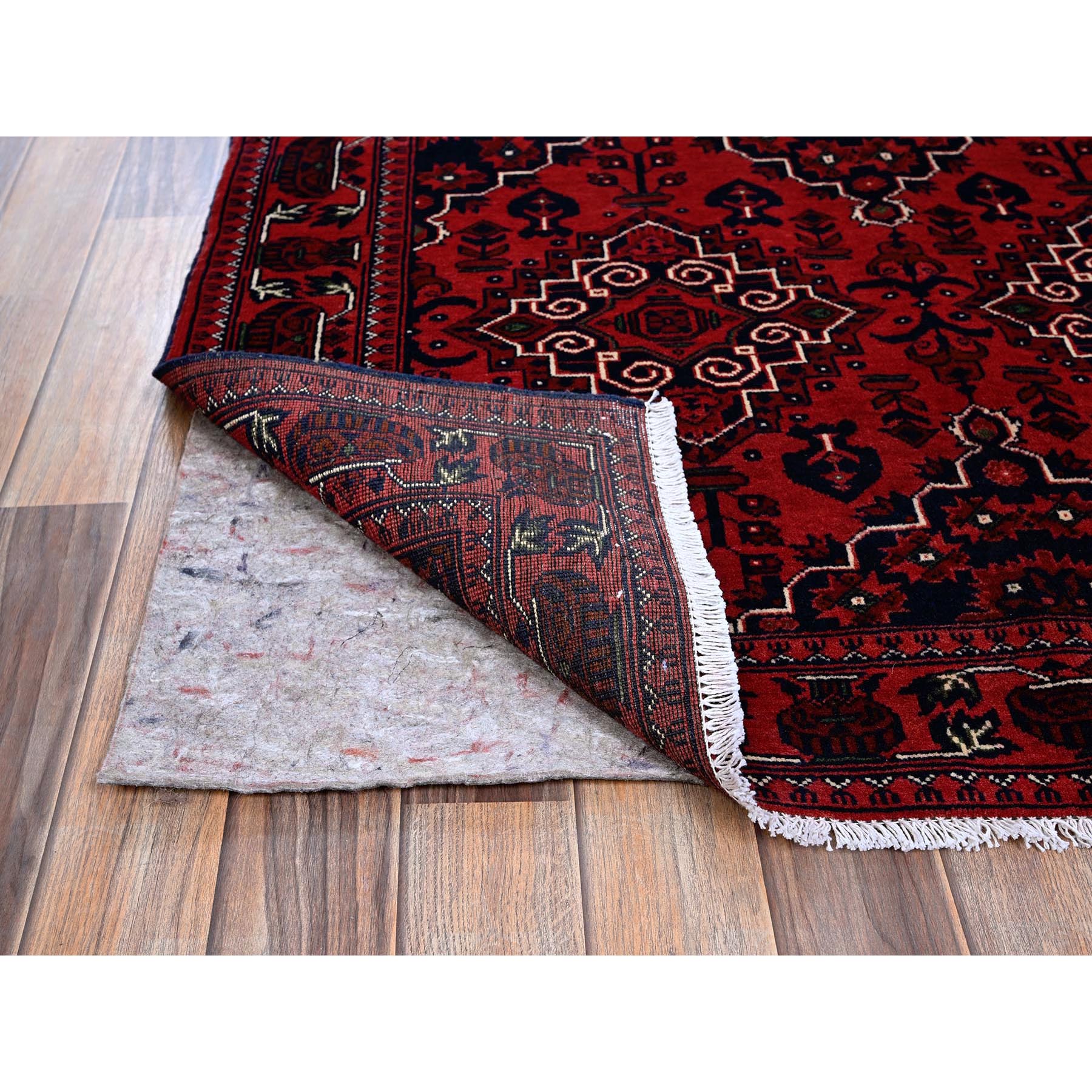 3'10"x6' Chili Red, Afghan Khamyab with Geometric Medallions Design, Hand Knotted, Pure Wool, Vegetable Dyes, Oriental Rug Sh667