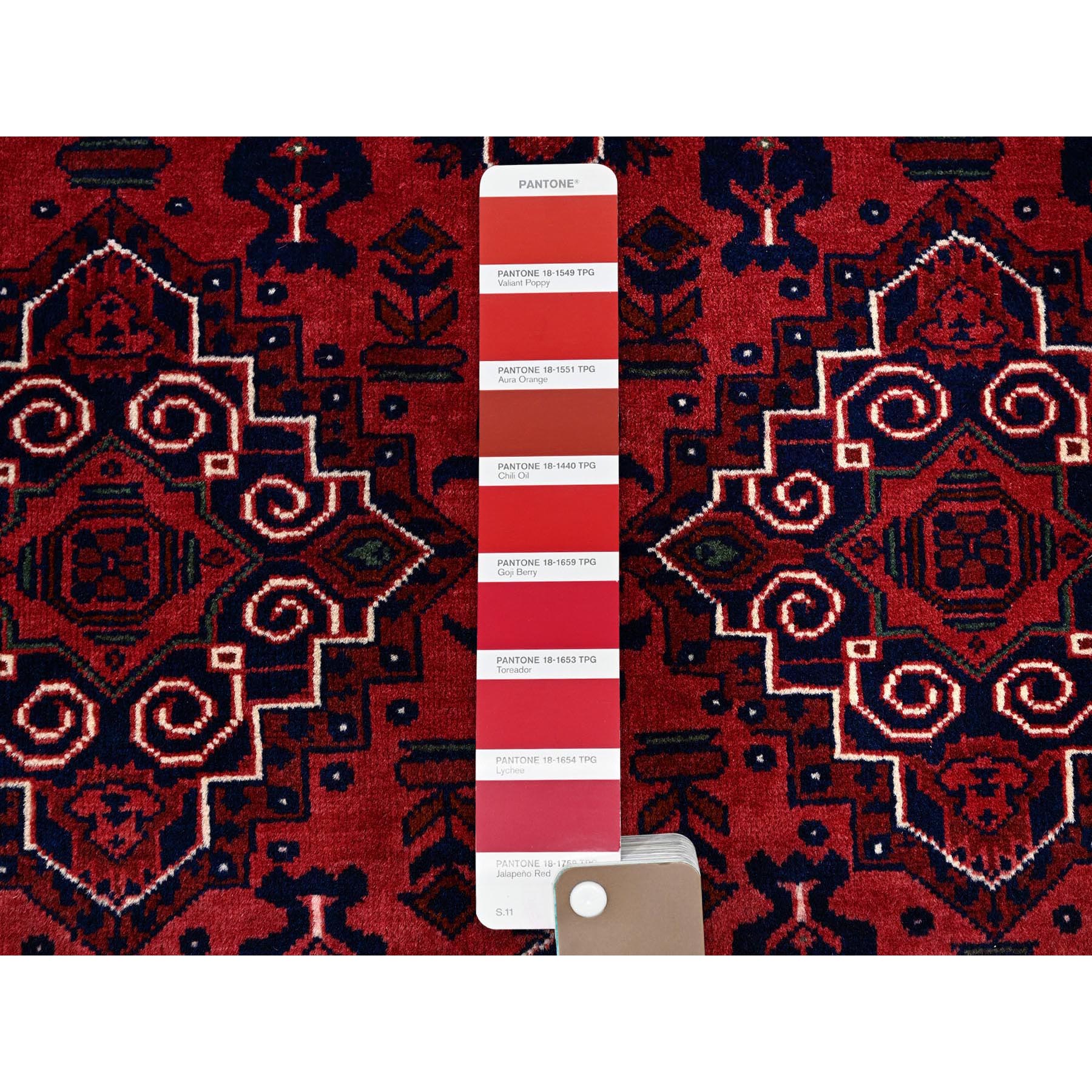 3'10"x6' Chili Red, Afghan Khamyab with Geometric Medallions Design, Hand Knotted, Pure Wool, Vegetable Dyes, Oriental Rug Sh667