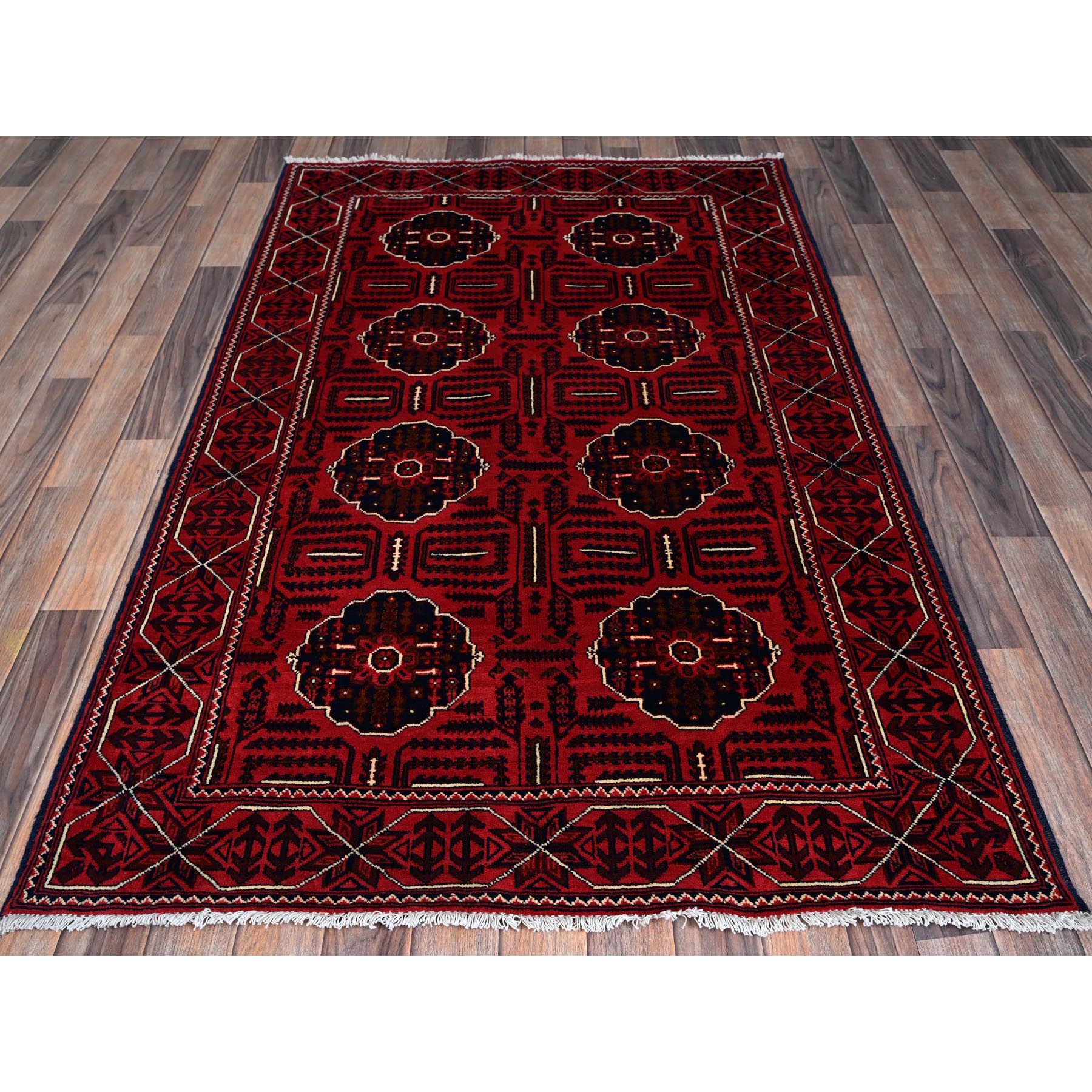 4'x6'4" Crimson Red, Afghan Khamyab with Tribal Medallions Design, Soft and Velvety Wool, Natural Dyes, Hand Knotted, Oriental Rug Sh669