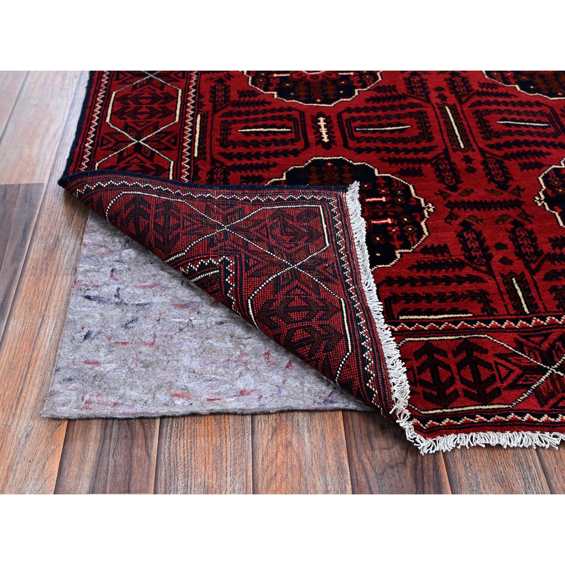 4'x6'4" Crimson Red, Afghan Khamyab with Tribal Medallions Design, Soft and Velvety Wool, Natural Dyes, Hand Knotted, Oriental Rug Sh669